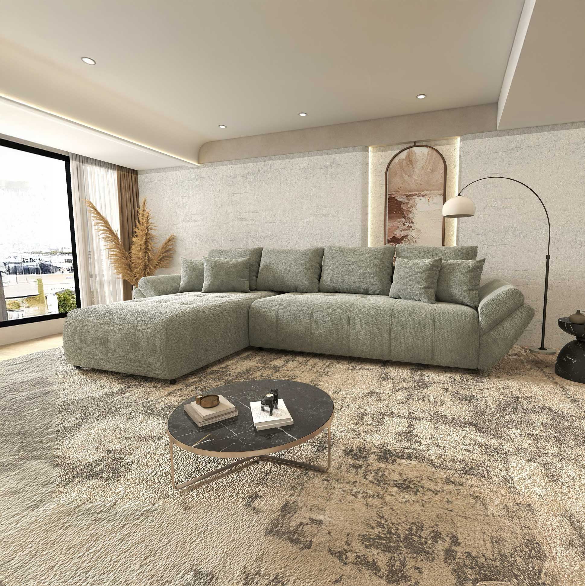 Colțar extensibil dumonde cu ladă de depozitare si sezut confortabil din spuma high-density, Berlin XL Vibe Mint 85 350x185 cm