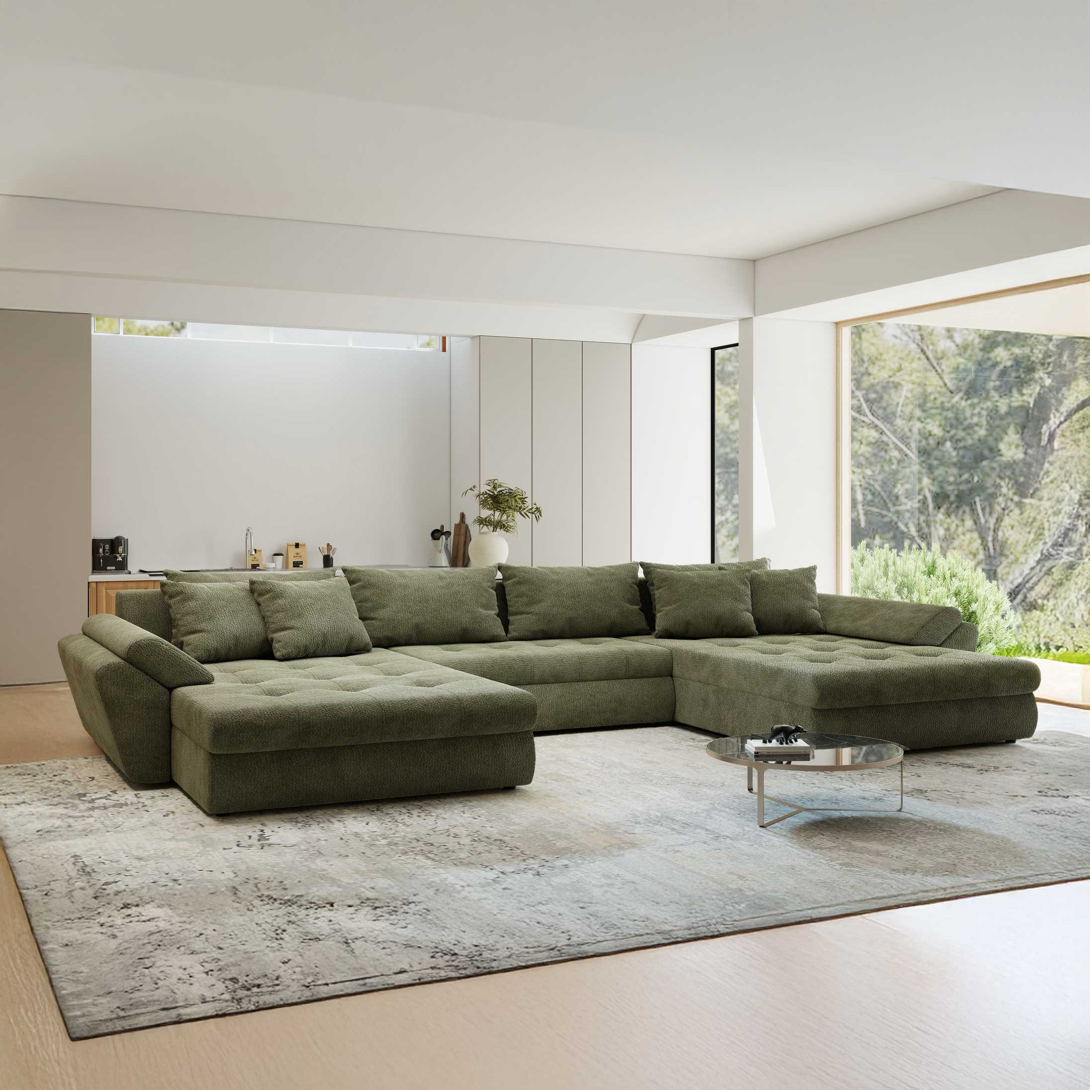Colțar extensibil dumonde cu ladă de depozitare si sezut confortabil din spuma high-density, Loana U Vibe Olive 38 355x185 cm