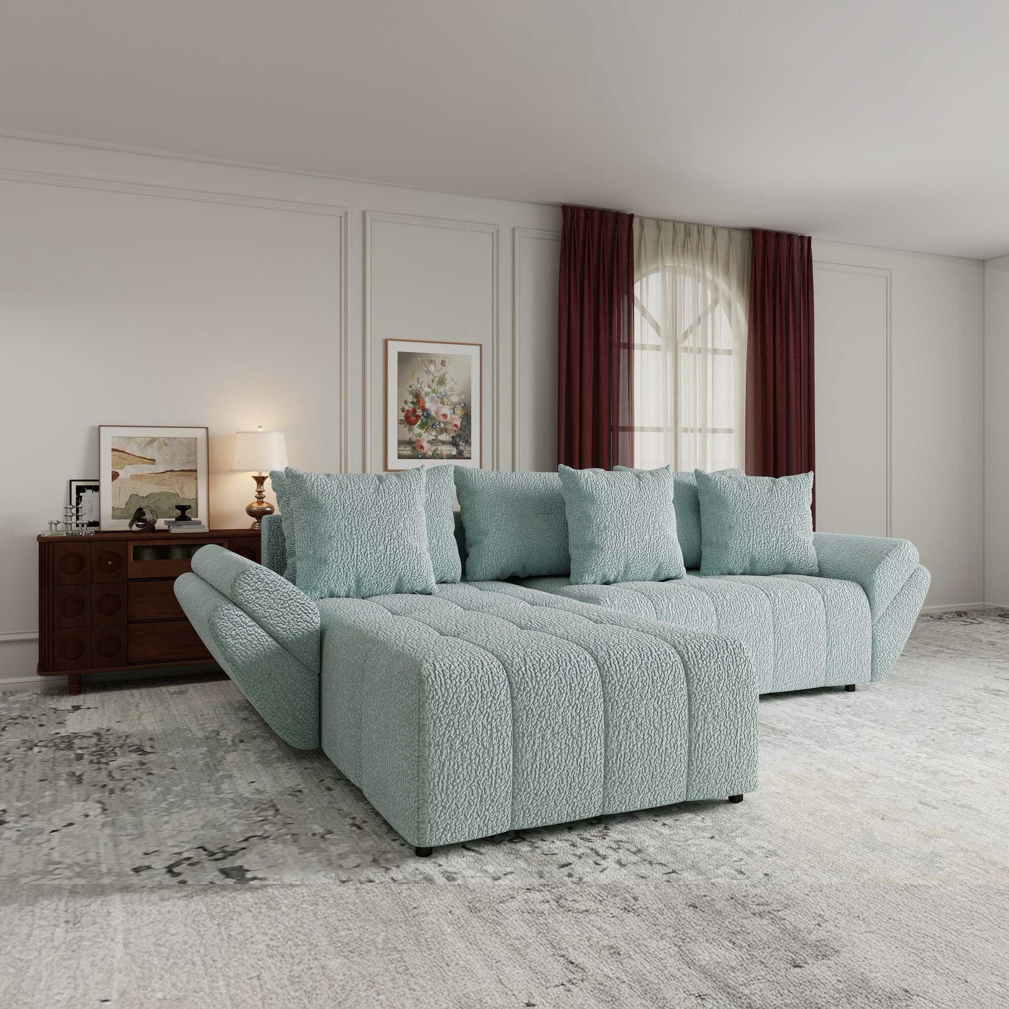 Colțar extensibil dumonde cu ladă de depozitare si sezut confortabil din spuma high-density, Berlin Jaguar Verde Mint 16 280x185 cm