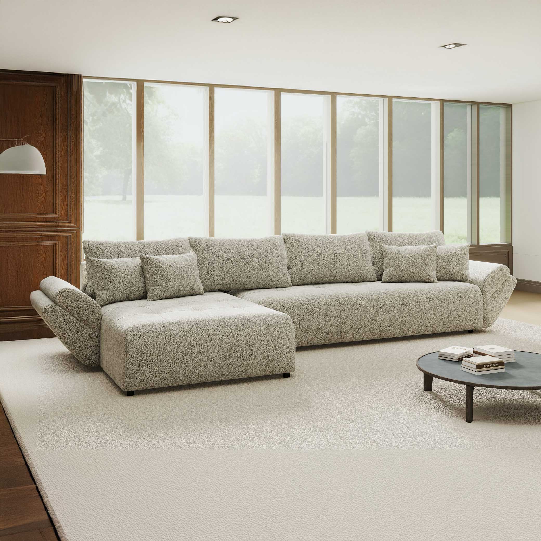Colțar extensibil dumonde cu ladă de depozitare si sezut confortabil din spuma high-density, Berlin XL Arena Bej 2 350x185 cm