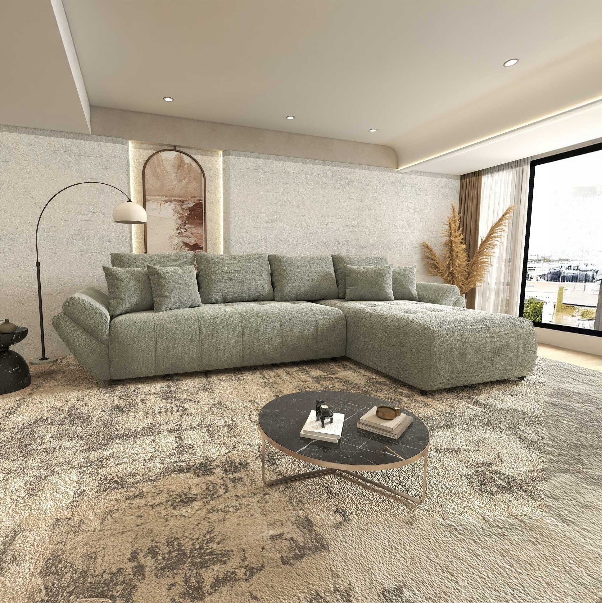 Colțar extensibil dumonde cu ladă de depozitare si sezut confortabil din spuma high-density, Berlin XL Vibe Mint 85 II 350x185 cm