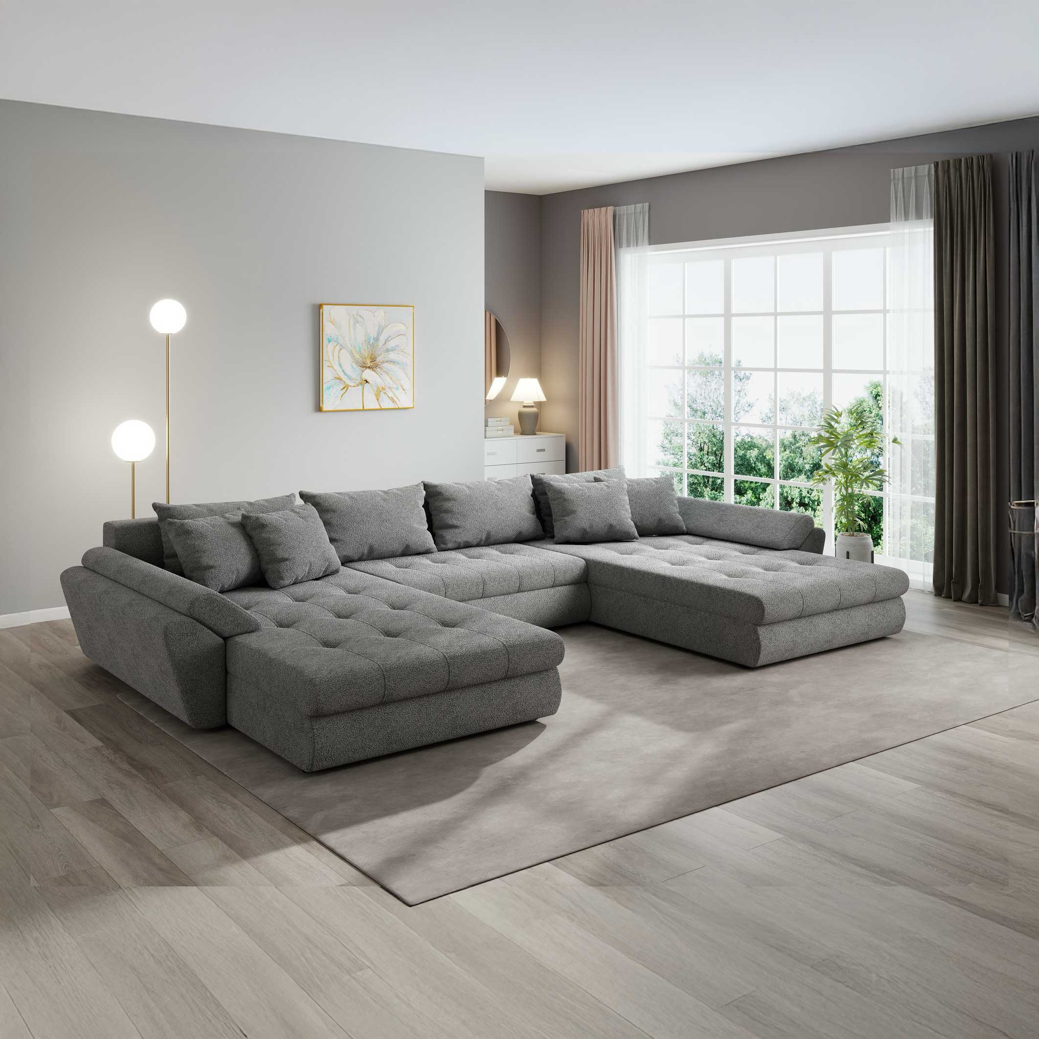 Colțar extensibil dumonde cu ladă de depozitare si sezut confortabil din spuma high-density, Loana U Quelle Gri 92 355x185 cm