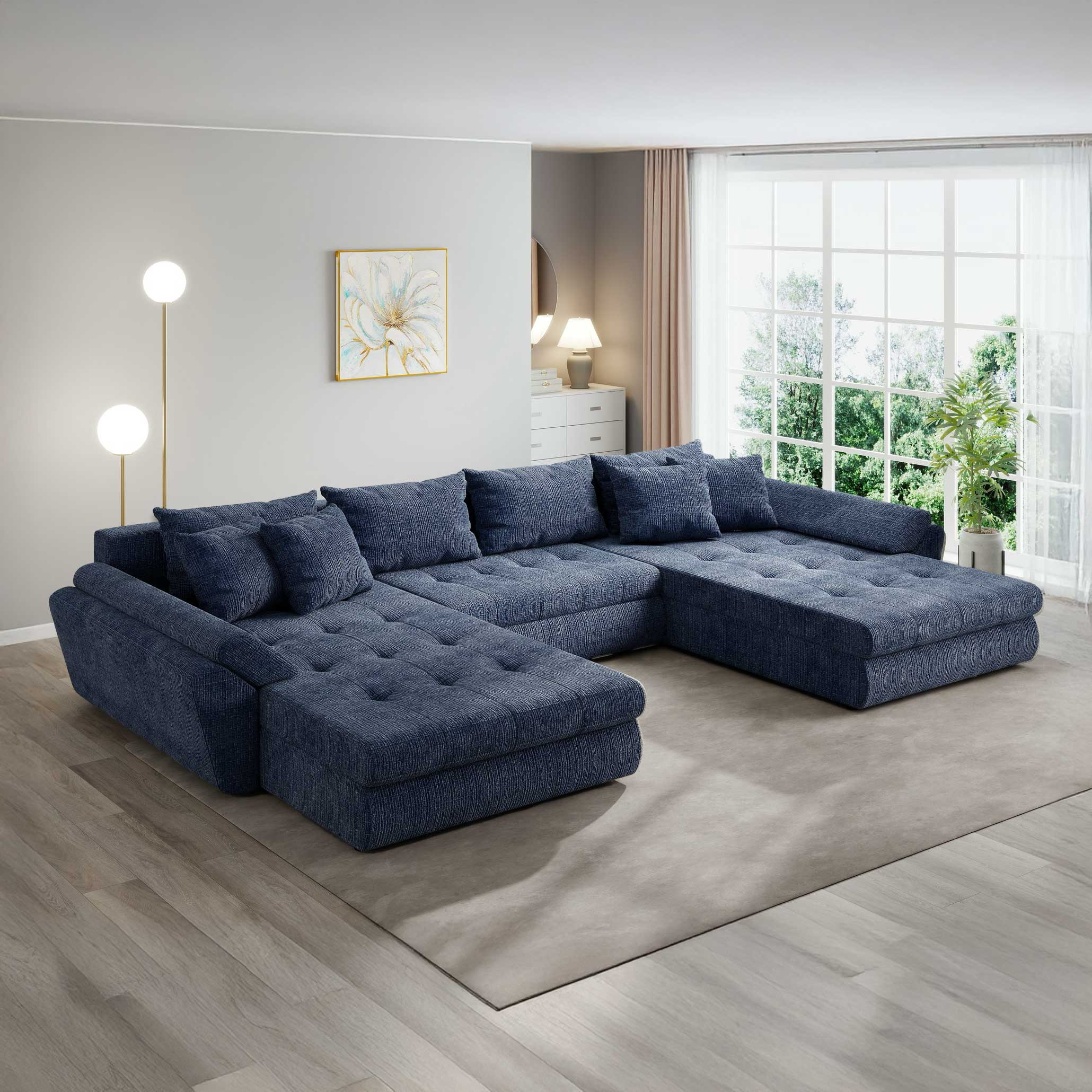 Colțar extensibil dumonde cu ladă de depozitare si sezut confortabil din spuma high-density, Loana U Cremona Albastru 79 355x185 cm