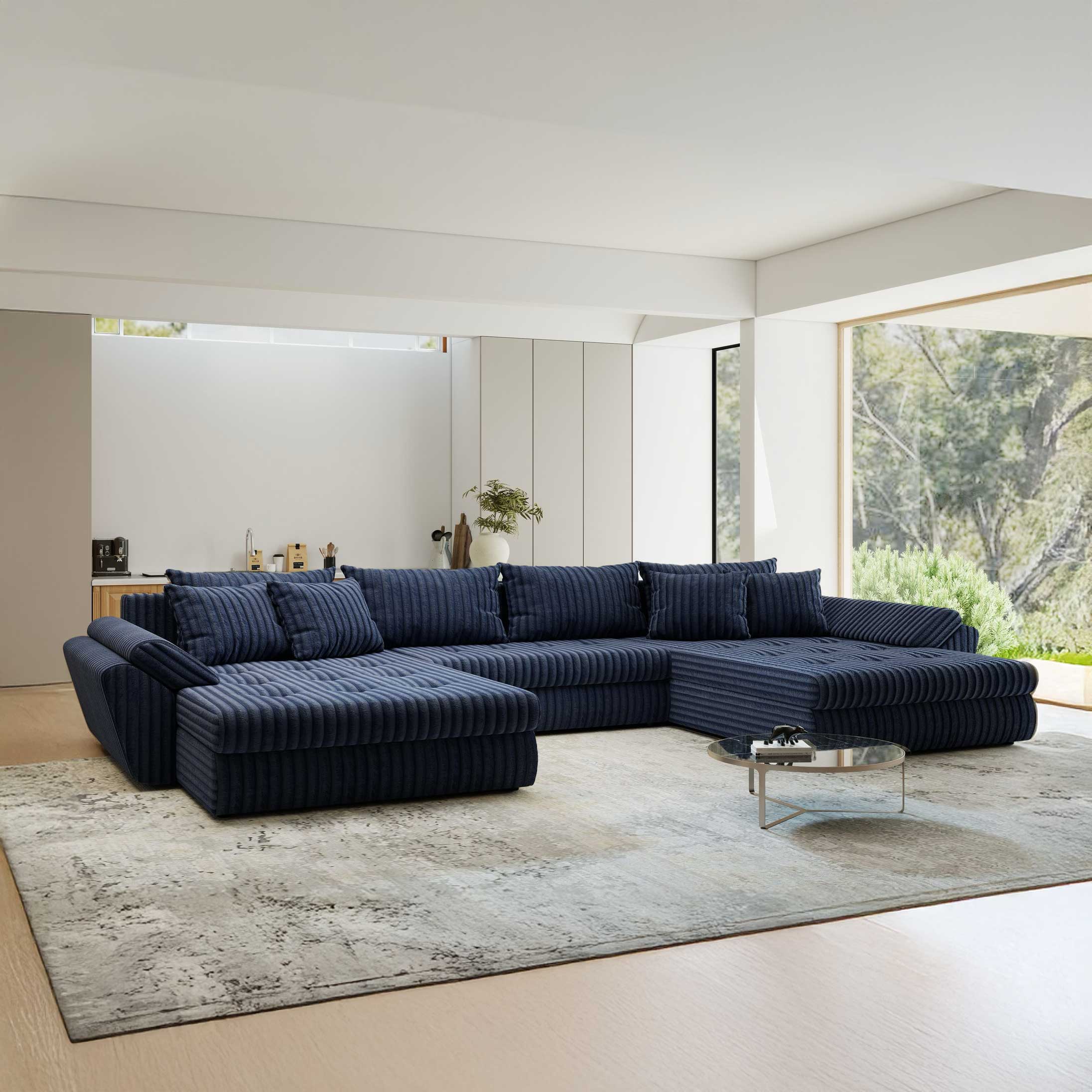 Colțar extensibil dumonde cu ladă de depozitare si sezut confortabil din spuma high-density, Loana U Tilia Albastru 77 355x185 cm