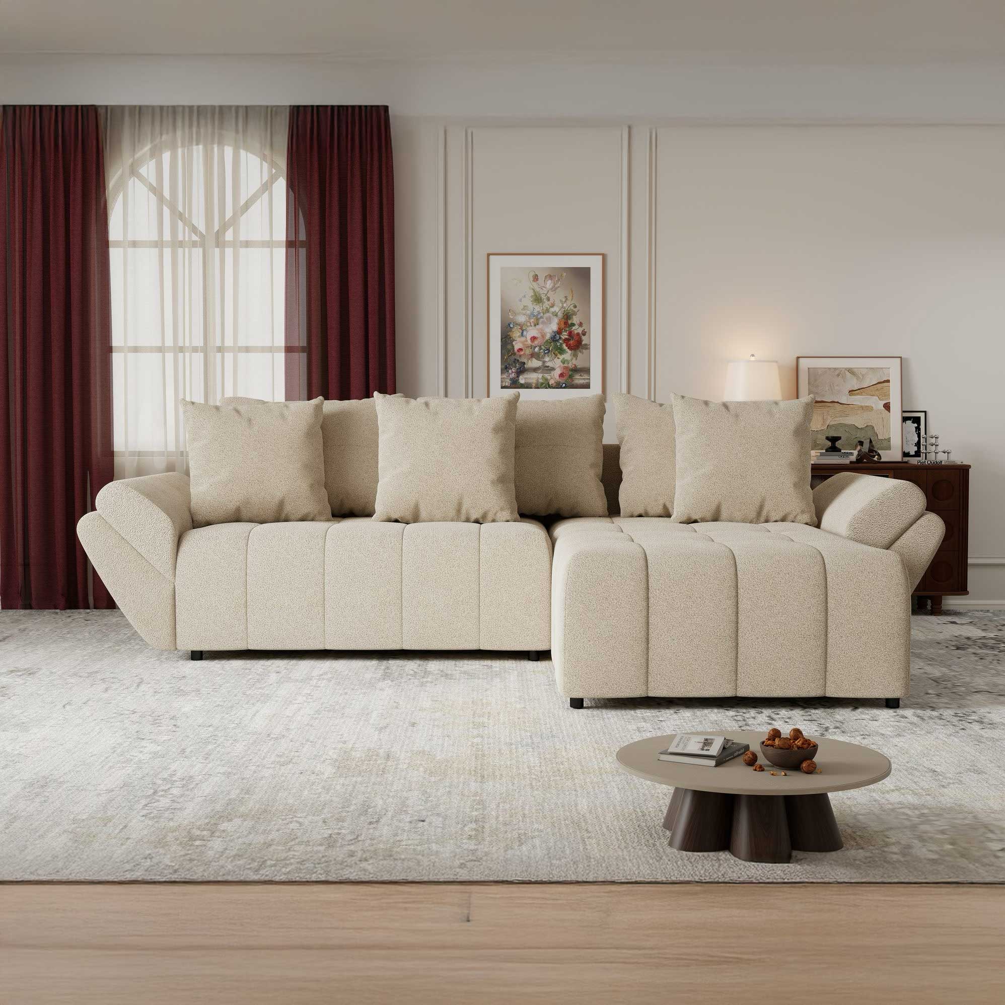 Colțar extensibil dumonde cu ladă de depozitare si sezut confortabil din spuma high-density, Berlin Quelle Bej 05 II 280x185 cm