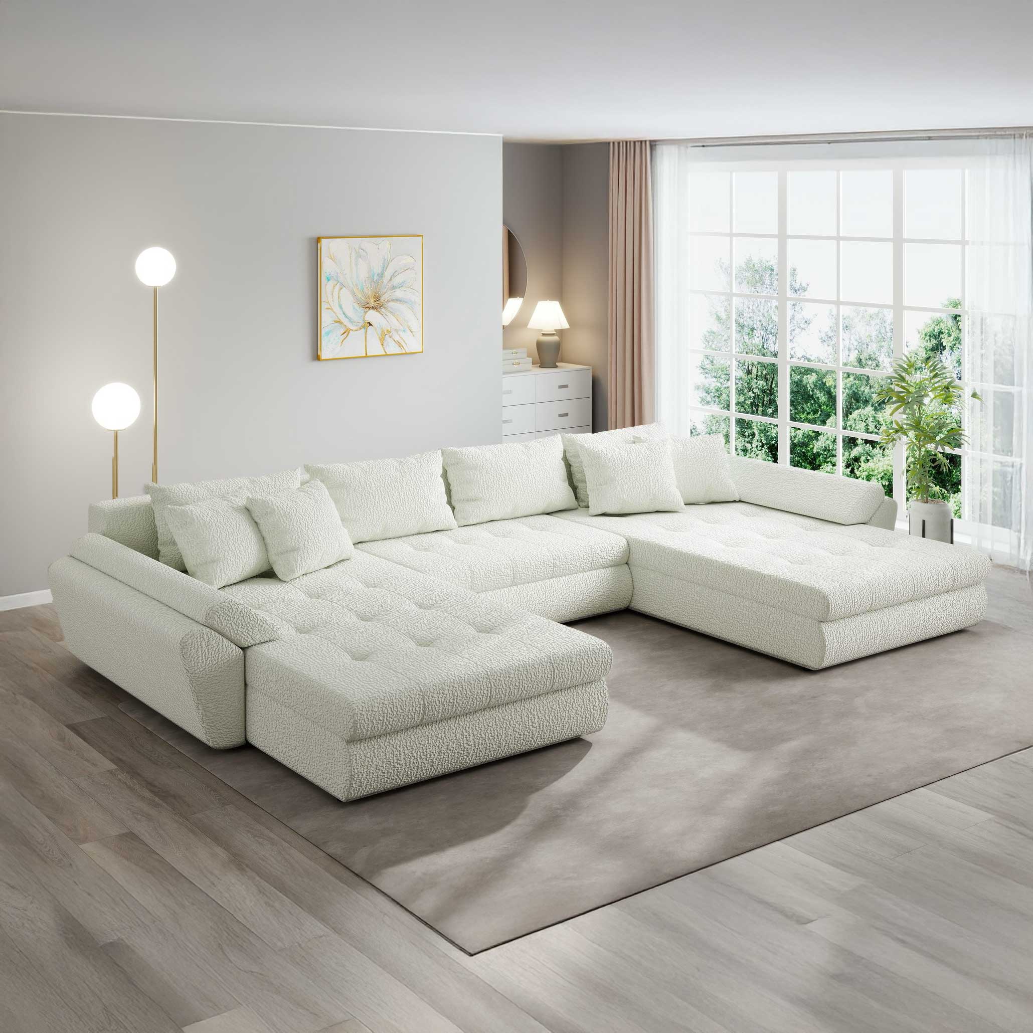 Colțar extensibil dumonde cu ladă de depozitare si sezut confortabil din spuma high-density, Loana U Jaguar Ivory 1 355x185 cm