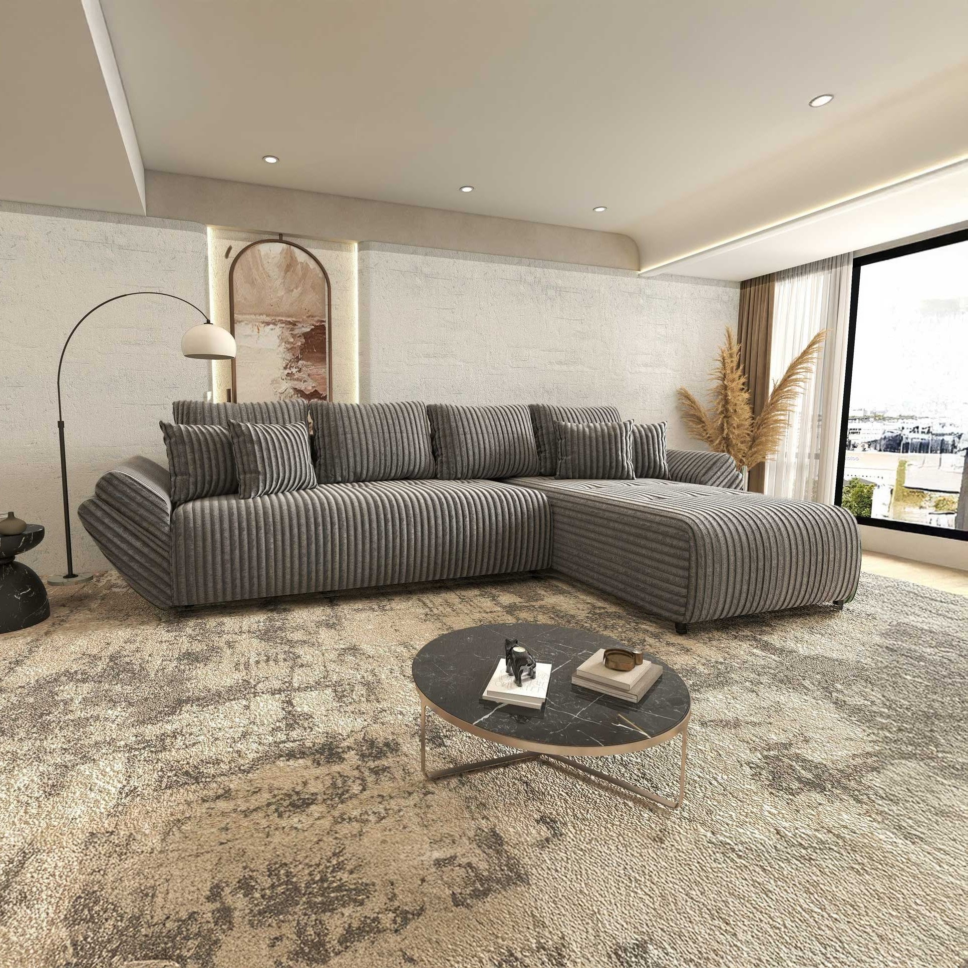 Colțar extensibil dumonde cu ladă de depozitare si sezut confortabil din spuma high-density, Berlin XL Tilia Gri 90 II 350x185 cm