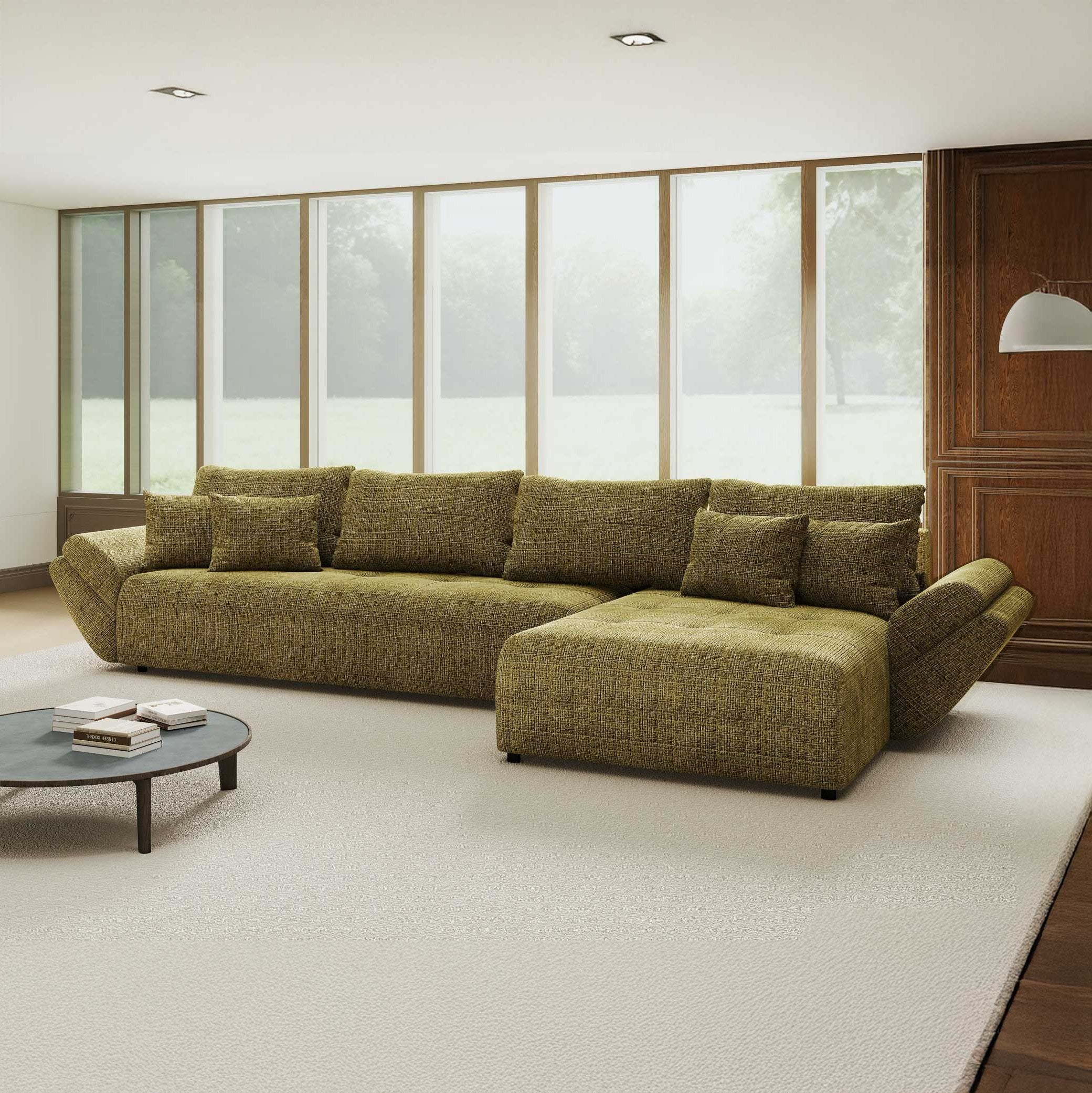 Colțar extensibil dumonde cu ladă de depozitare si sezut confortabil din spuma high-density, Berlin XL Cremona Olive 38 II 350x185 cm