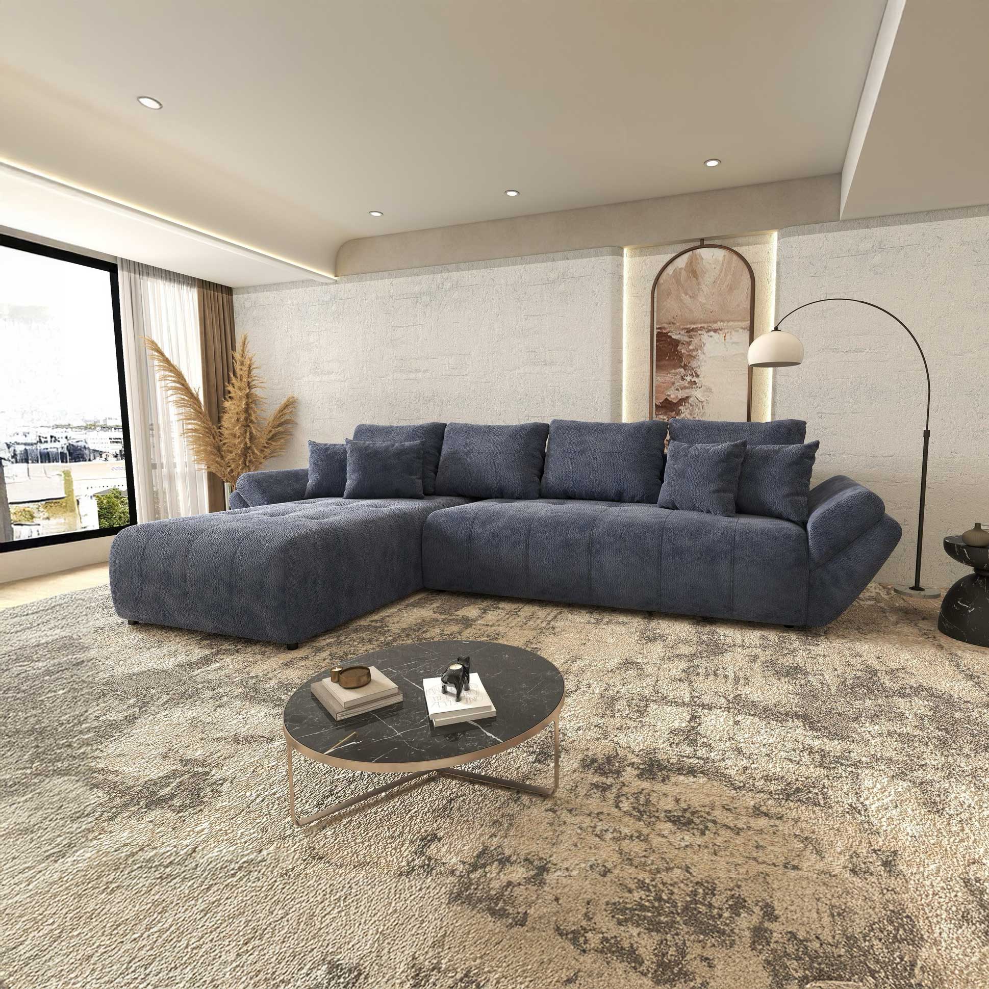 Colțar extensibil dumonde cu ladă de depozitare si sezut confortabil din spuma high-density, Berlin XL Vibe Albastru 79 350x185 cm