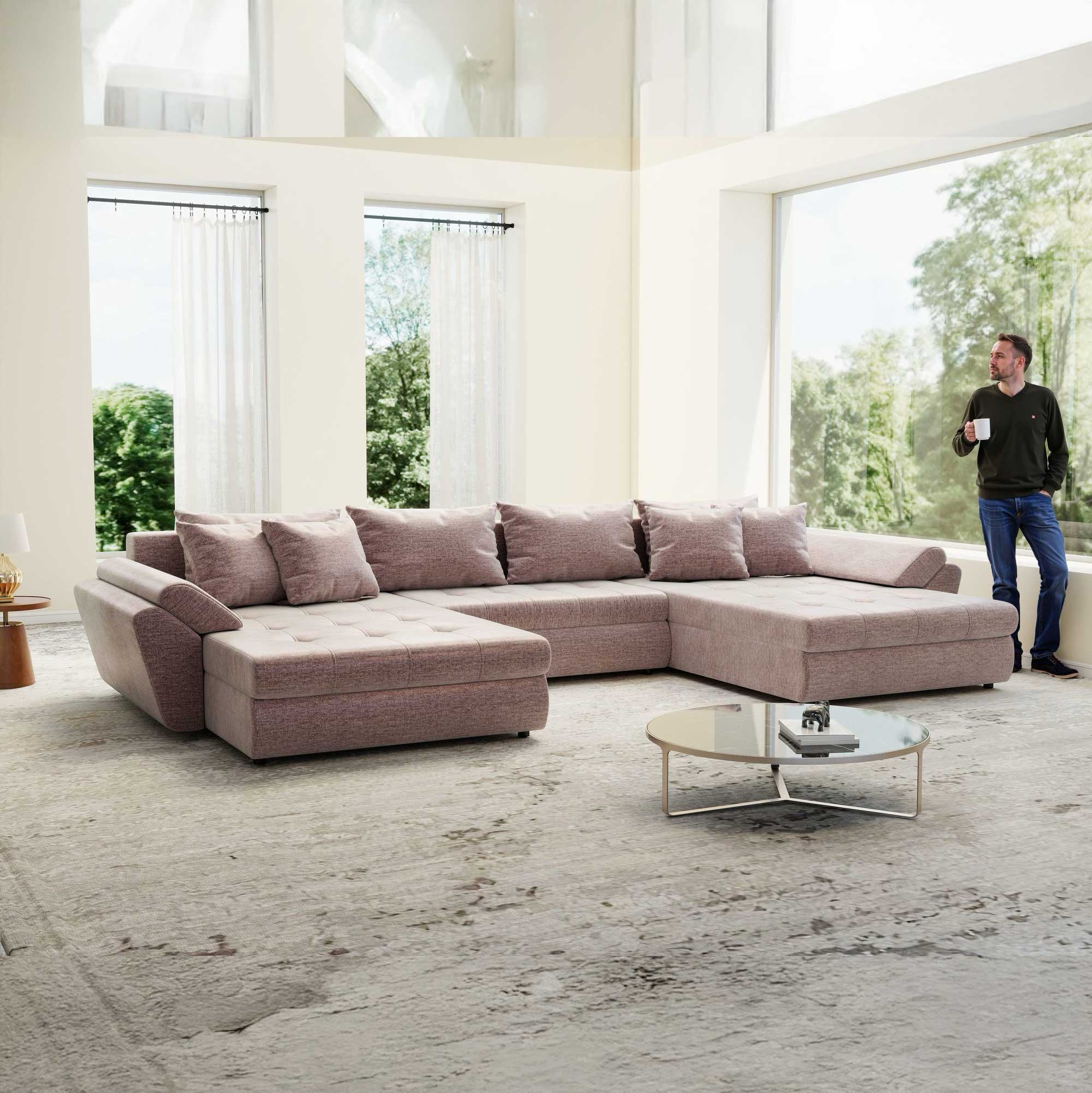 Colțar extensibil dumonde cu ladă de depozitare si sezut confortabil din spuma high-density, Loana U Monolith Roz Pudrat 62 355x185 cm
