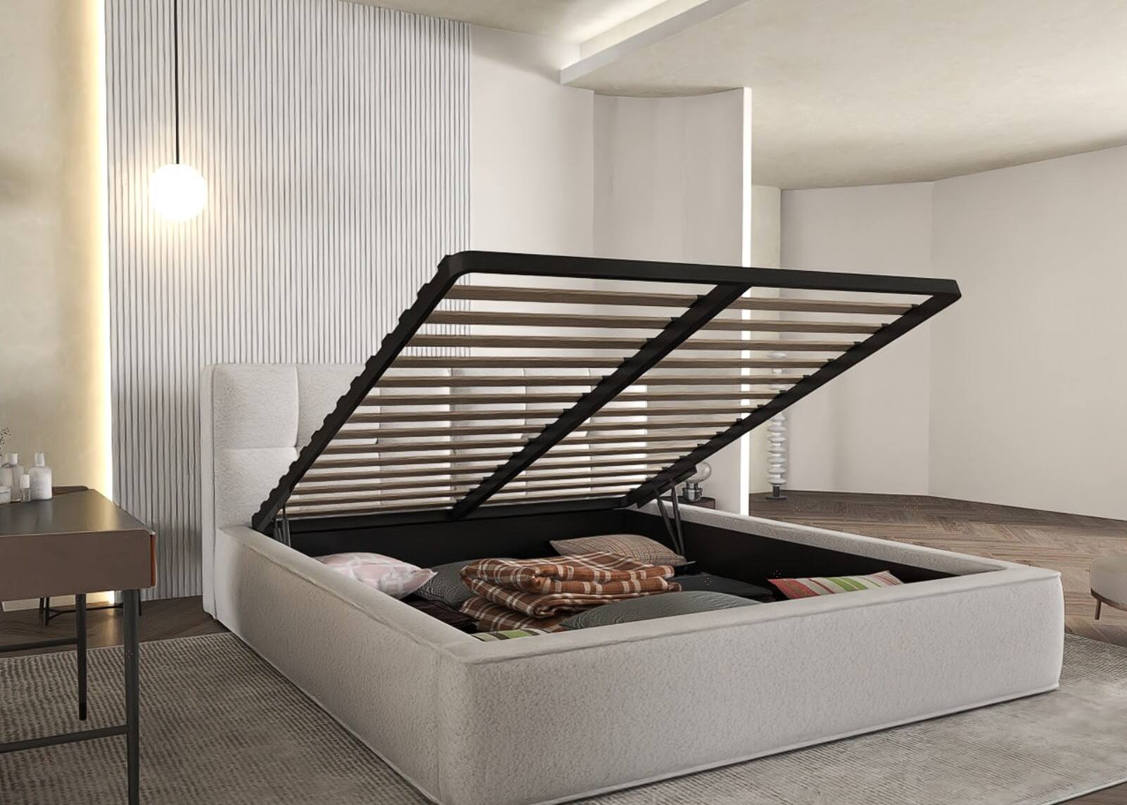 Pat dormitor dumonde, tapitat bej, Vegas 180x200 cm, somiera rabatabila inclusa, spatiu depozitare