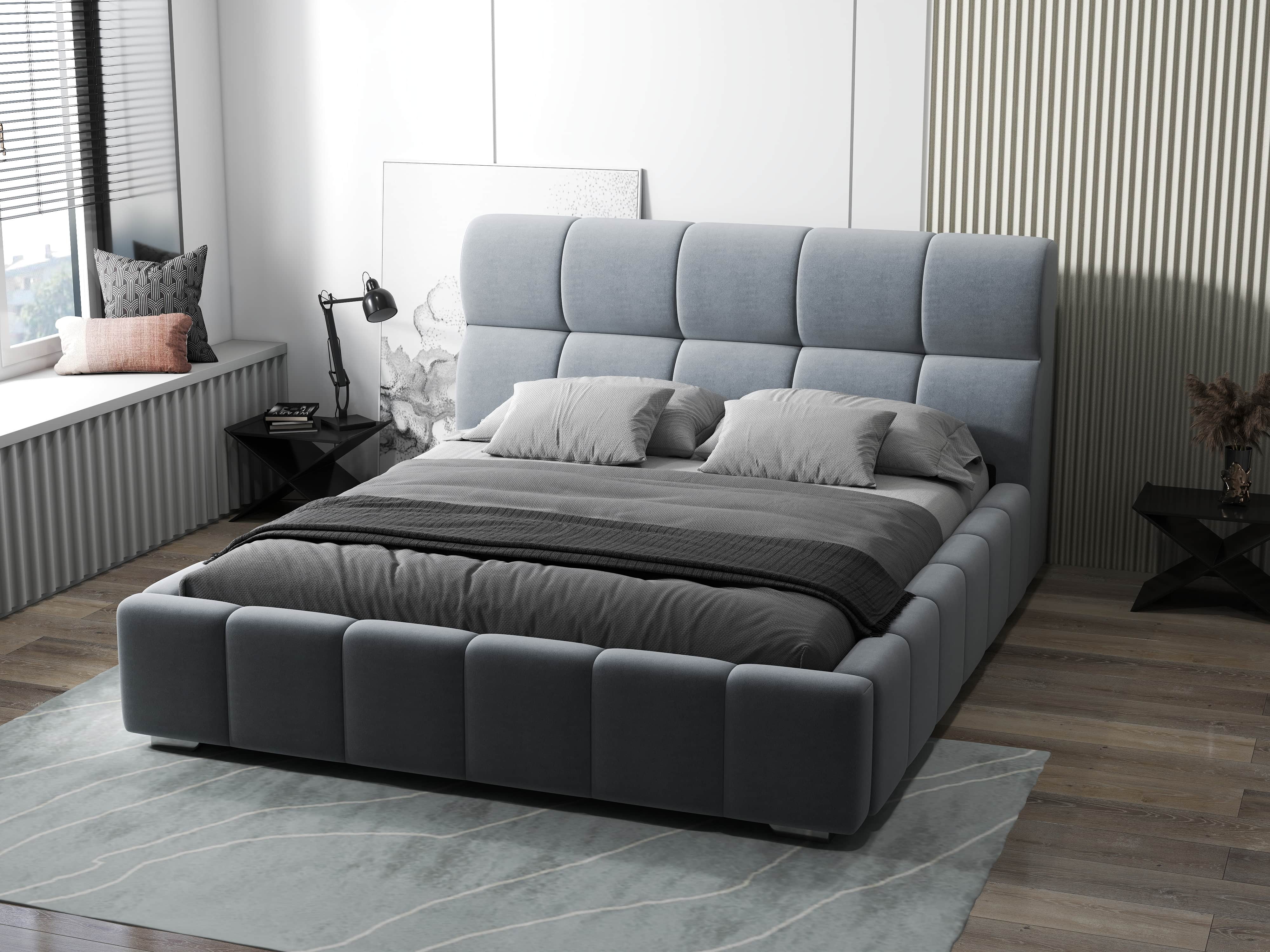 Pat dormitor dumonde, tapitat gri, Prestige 160x200 cm, somiera rabatabila inclusa, spatiu depozitare