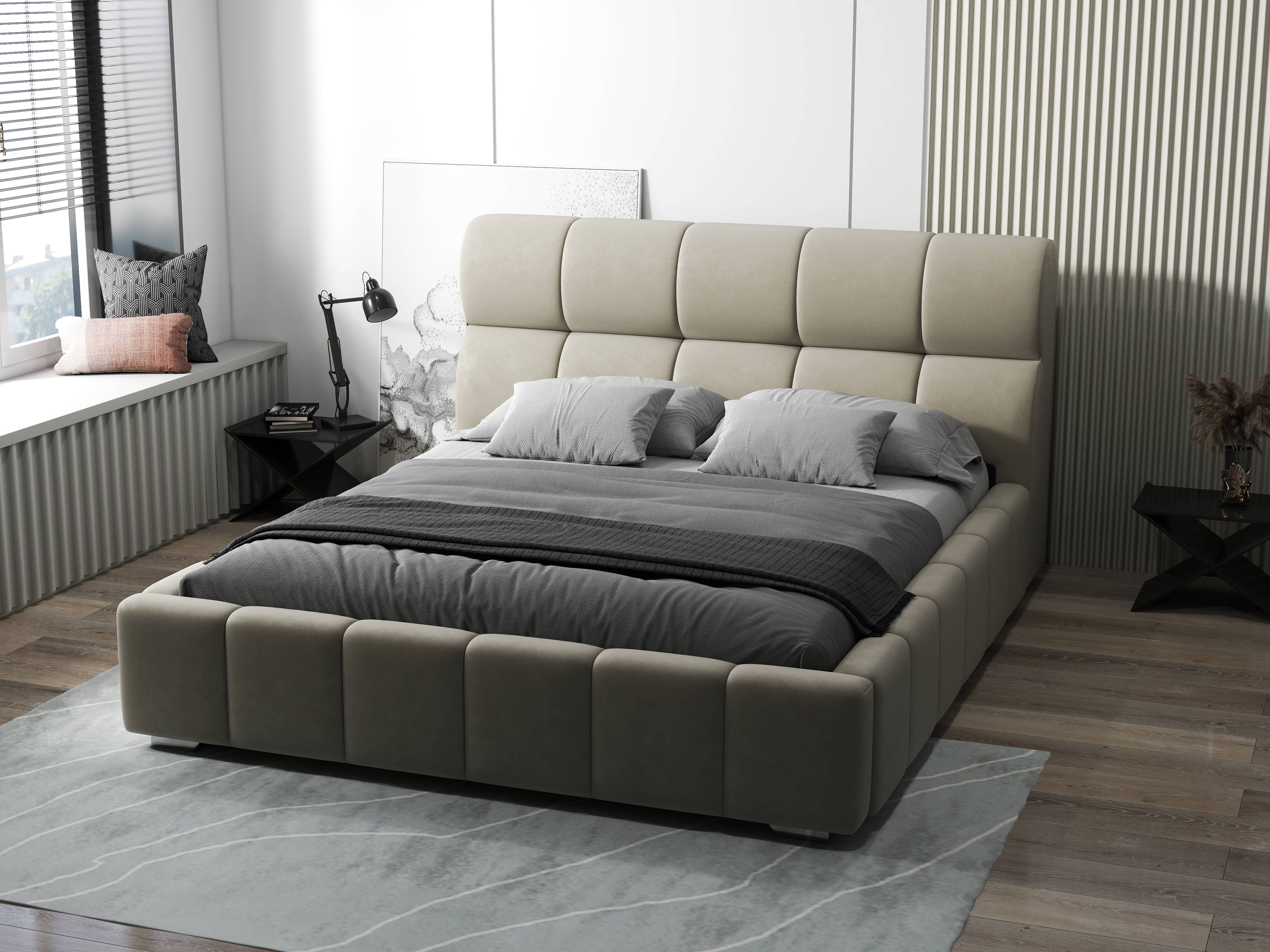 Pat dormitor dumonde, tapitat bej, Prestige 160x200 cm, somiera rabatabila inclusa, spatiu depozitare