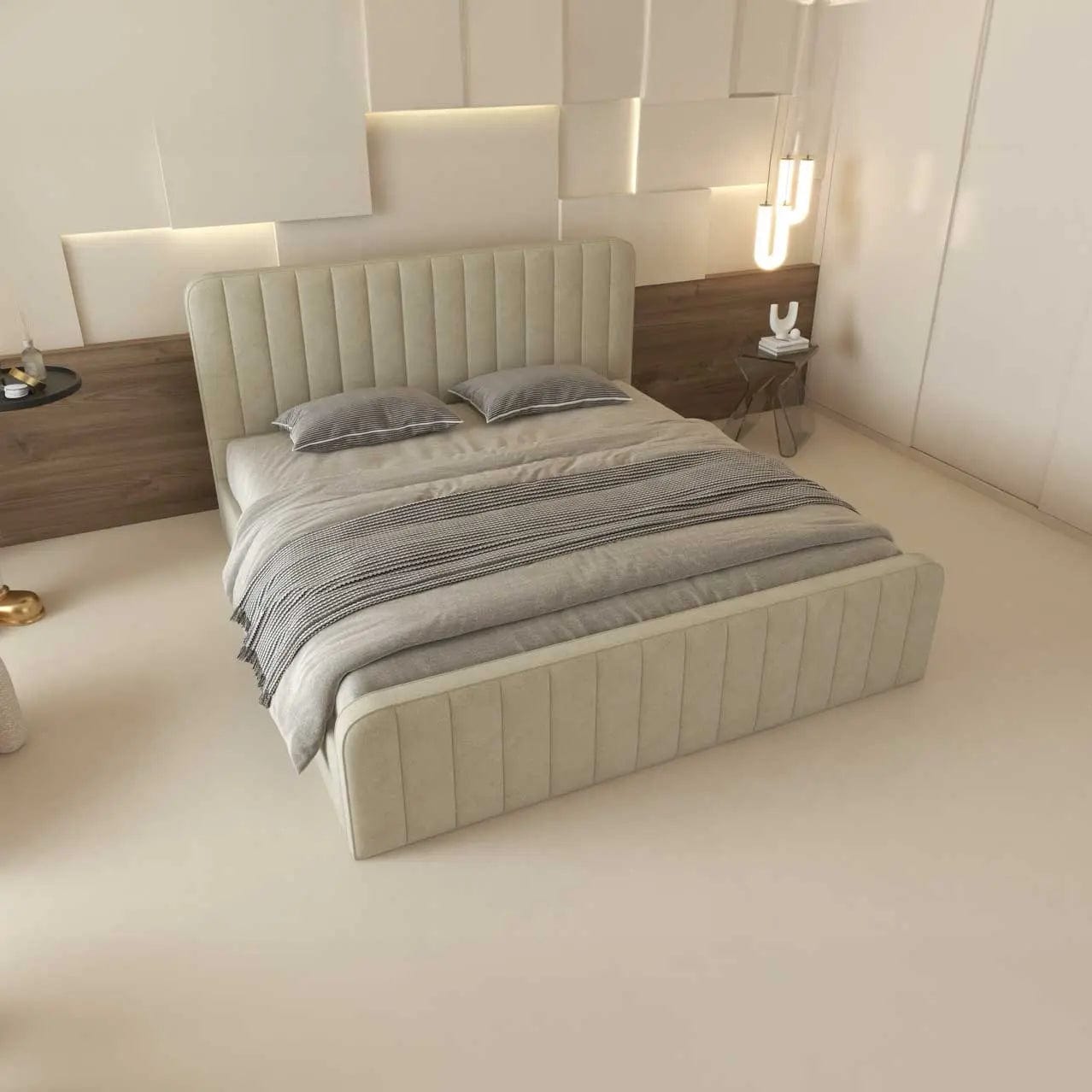 Pat dormitor dumonde, tapitat bej, Loft 160x200 cm, somiera rabatabila inclusa, spatiu depozitare