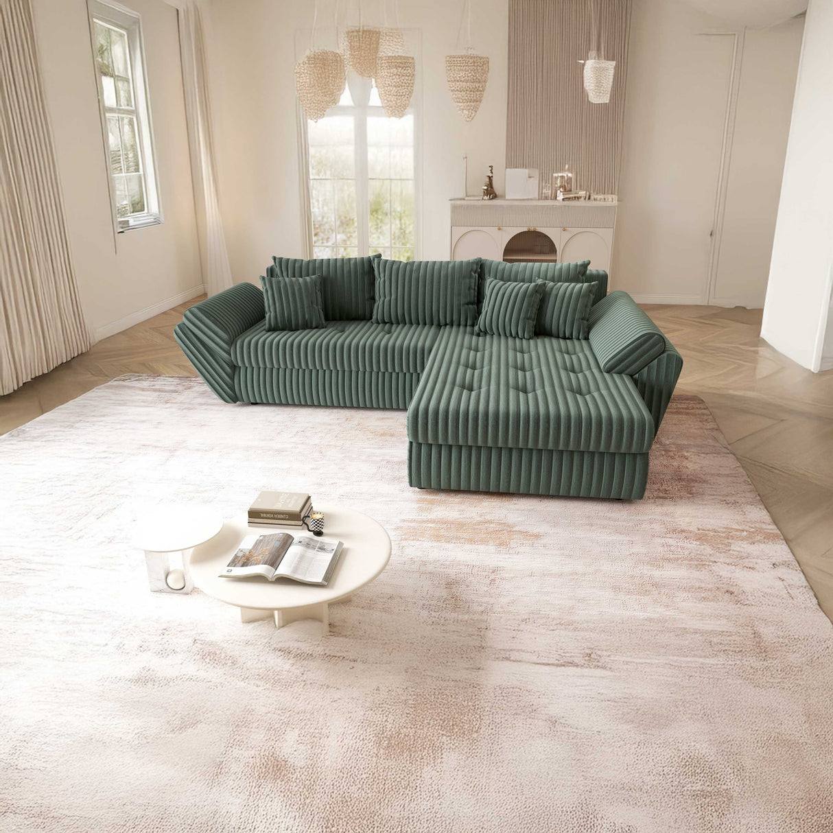 Colțar extensibil dumonde cu ladă de depozitare si sezut confortabil din spuma HR, Loana Verde Ambience II 270x185 cm Fabrica