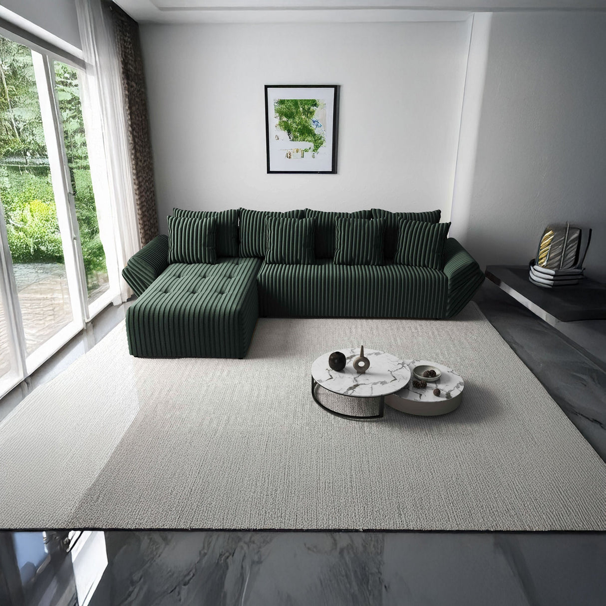 Colțar extensibil dumonde cu ladă de depozitare si sezut confortabil din spuma HR, Berlin XL Ambience Green 350x185 cm Fabrica