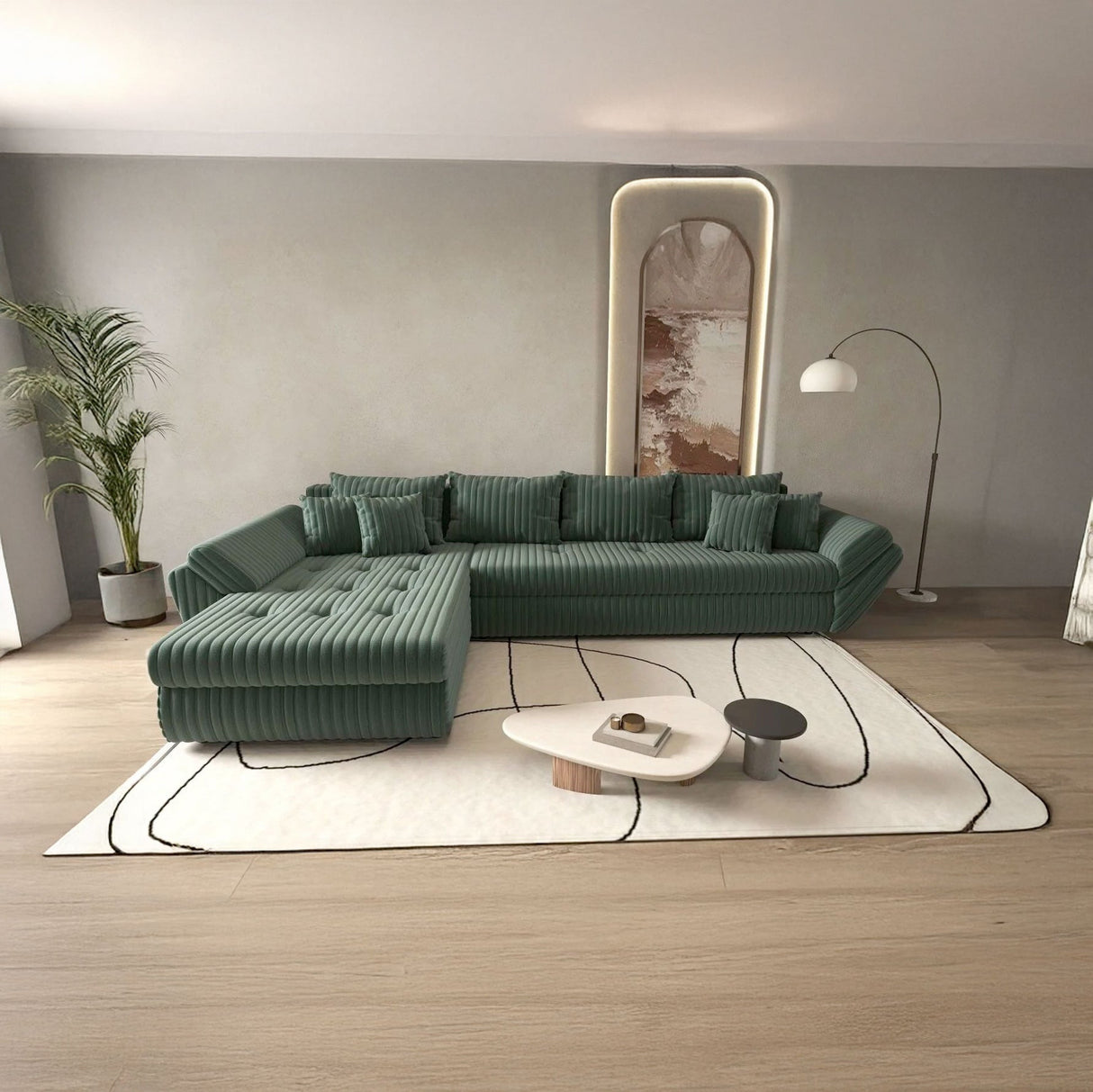 Colțar extensibil dumonde cu ladă de depozitare si sezut confortabil din spuma HR, Loana XL Ambience Verde 335x185 cm Fabrica