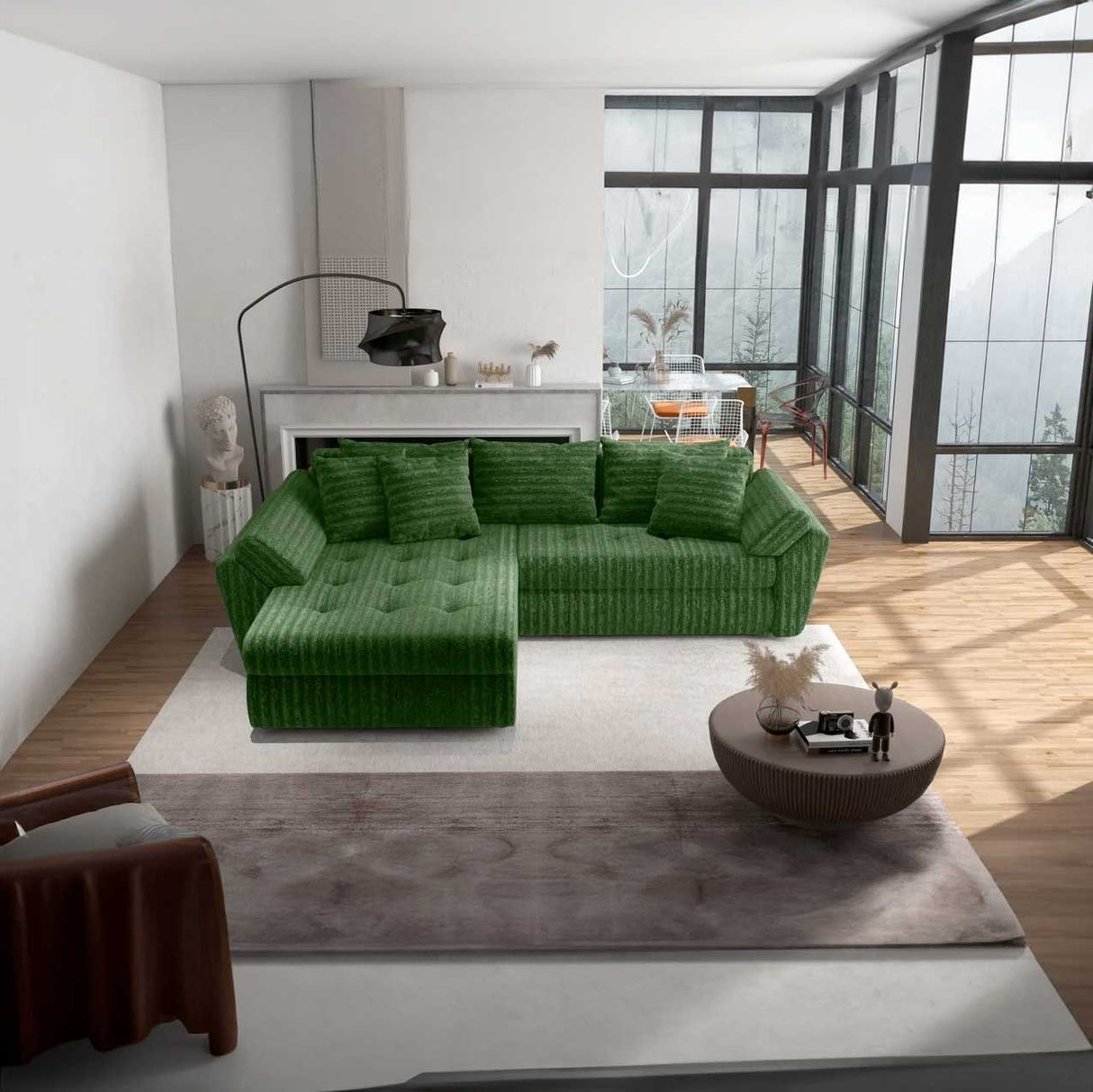 Colțar extensibil dumonde cu ladă de depozitare si sezut confortabil din spuma HR, Loana Verde Ambience 270x185 cm