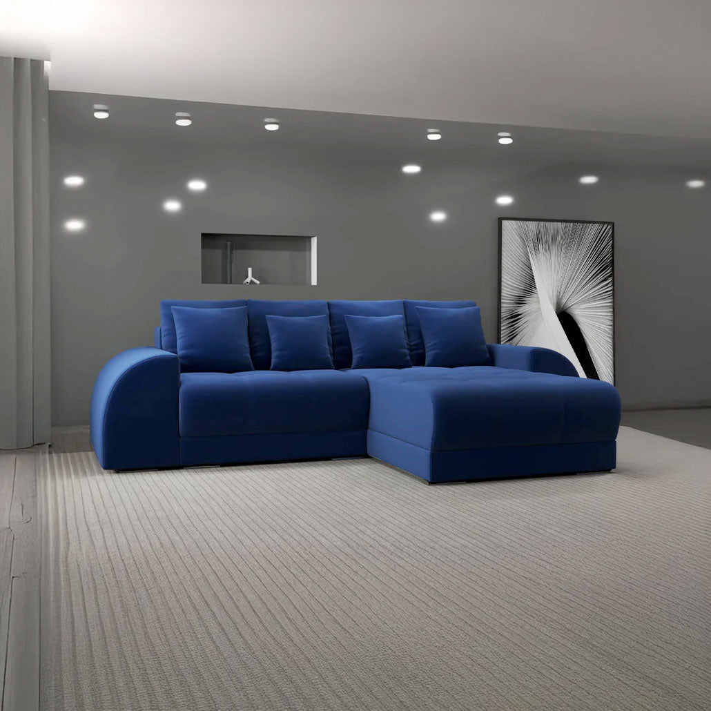 Colțar extensibil dumonde cu ladă de depozitare si sezut confortabil din spuma HR, Verona Royal Albastru II 290x185 cm