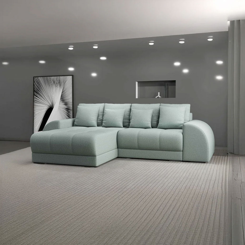 Colțar extensibil dumonde cu ladă de depozitare si sezut confortabil din spuma HR, Verona Enjoy Mint 290x185 cm