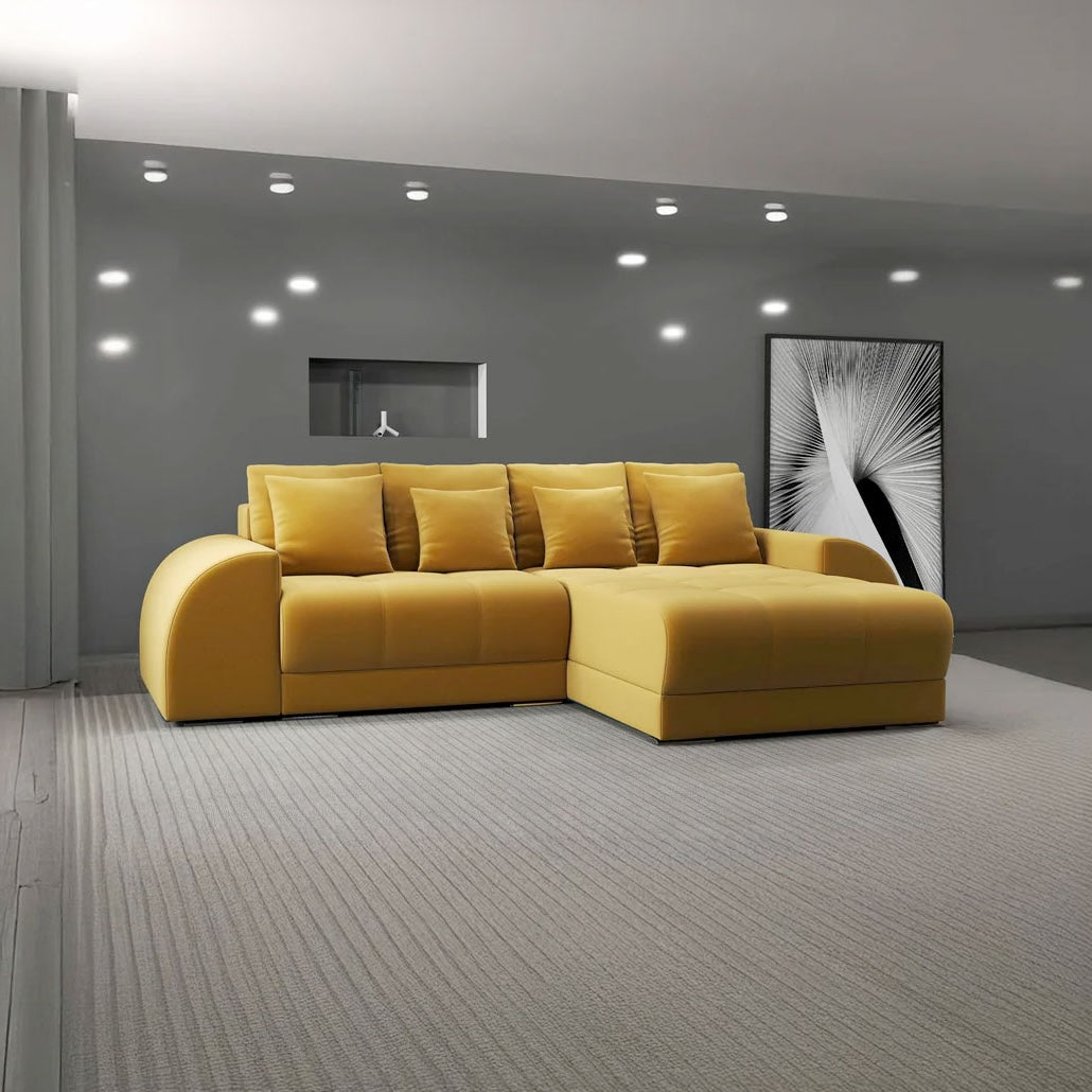 Colțar extensibil dumonde cu ladă de depozitare si sezut confortabil din spuma HR, Verona Royal Mustar II 290x185 cm