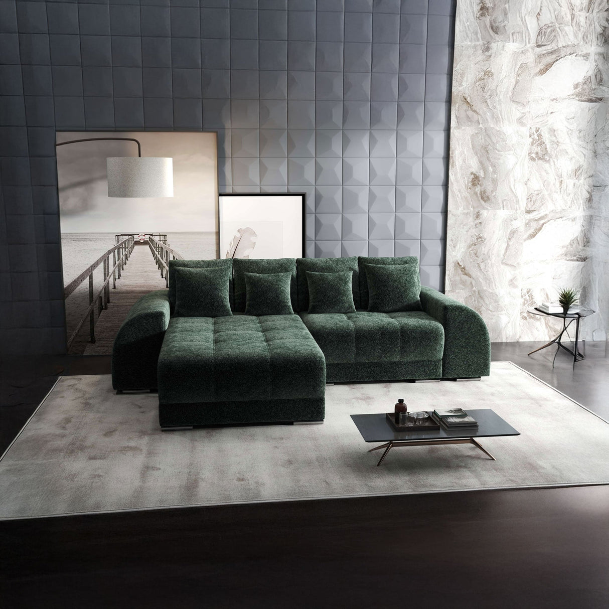 Colțar extensibil dumonde cu ladă de depozitare si sezut confortabil din spuma HR, Verona Euphoria Verde 290x185 cm Fabrica