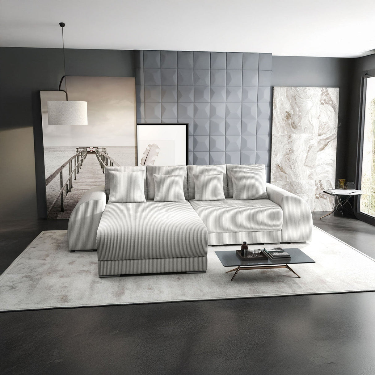 Colțar extensibil dumonde cu ladă de depozitare si sezut confortabil din spuma HR, Verona Zoom Gri 290x185 cm Fabrica