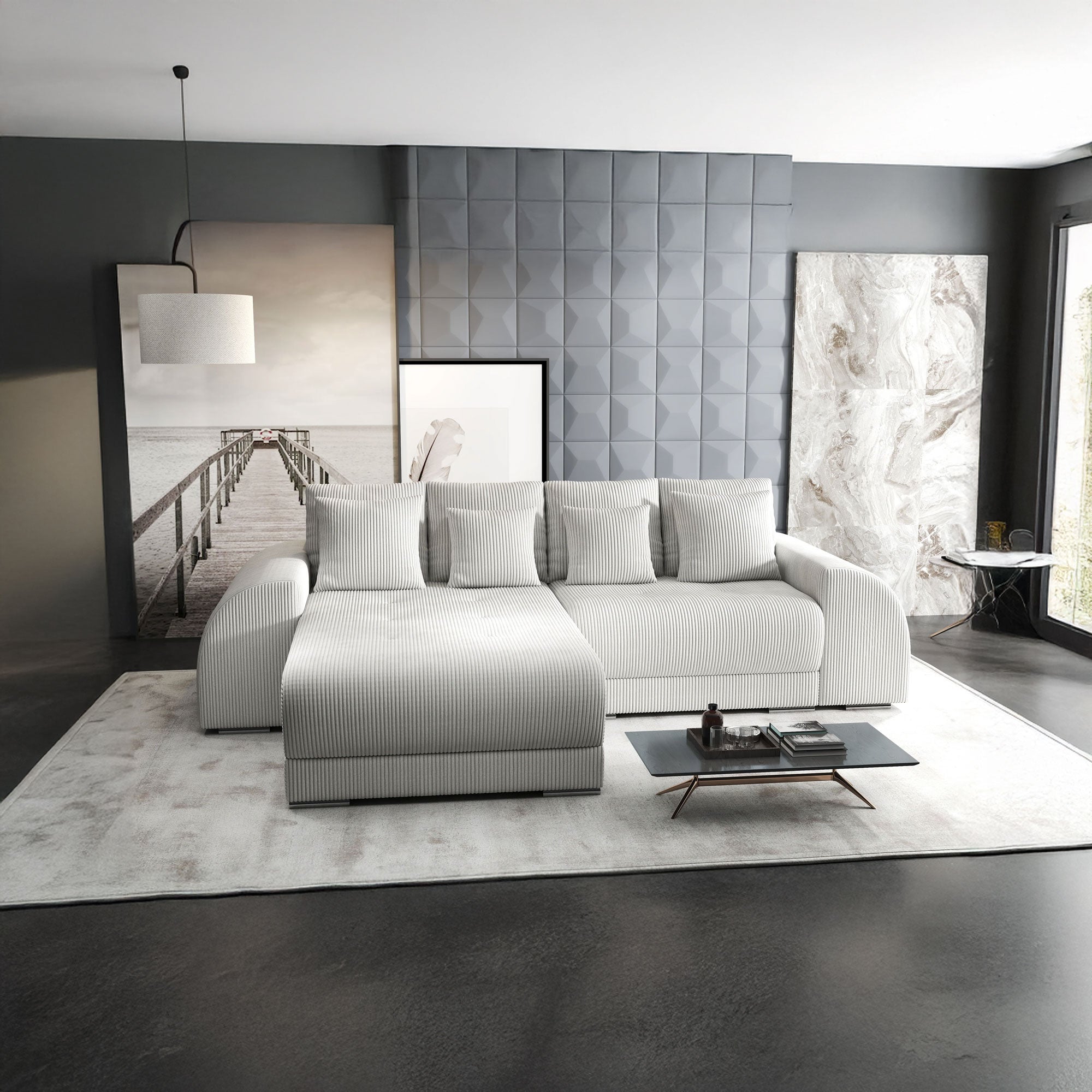 Colțar extensibil dumonde cu ladă de depozitare si sezut confortabil din spuma HR, Verona Zoom Gri 290x185 cm Fabrica