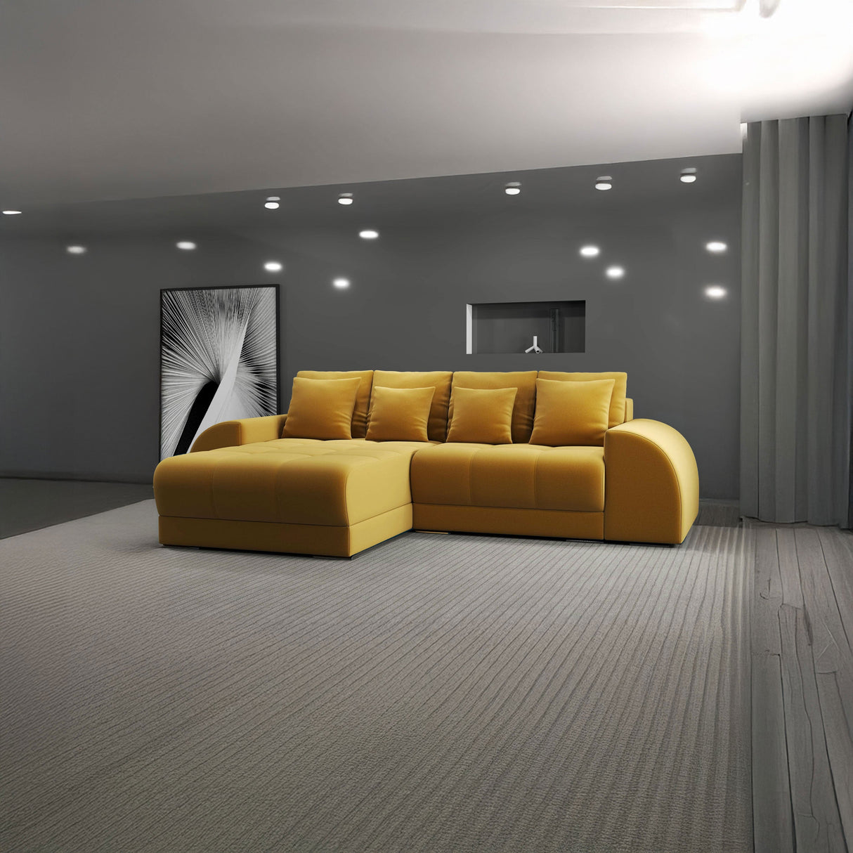Colțar extensibil dumonde cu ladă de depozitare si sezut confortabil din spuma HR, Verona Royal Mustar 290x185 cm Fabrica