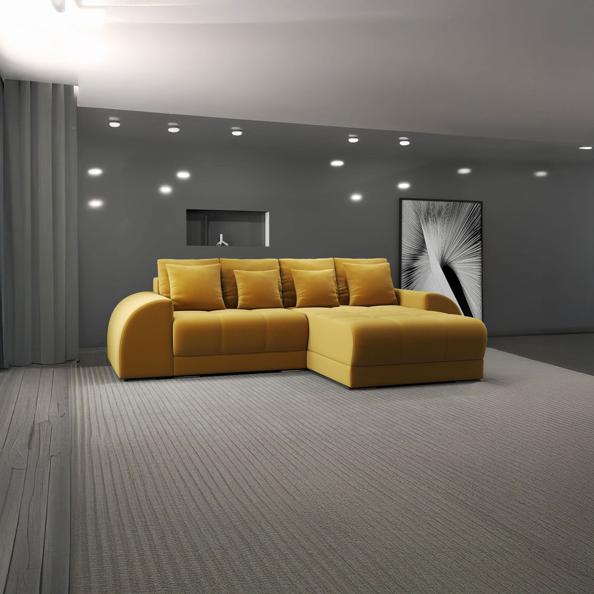 Colțar extensibil dumonde cu ladă de depozitare si sezut confortabil din spuma HR, Verona Royal Mustar II 290x185 cm Fabrica