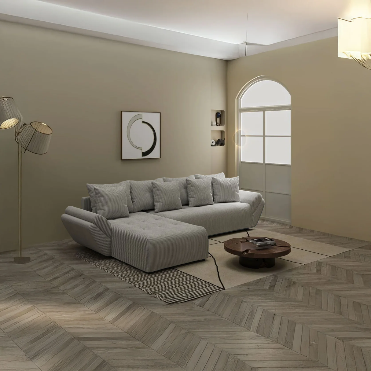 Colțar extensibil dumonde cu ladă de depozitare si sezut confortabil din spuma HR, Berlin XL Zoom Pearl 350x185 cm