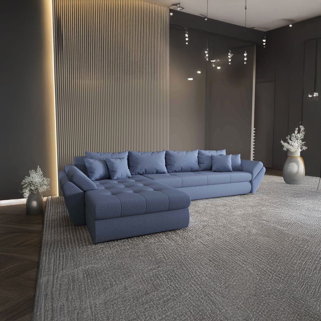 Colțar extensibil dumonde cu ladă de depozitare si sezut confortabil din spuma HR, Loana XL Enjoy Albastru 335x185 cm Fabrica