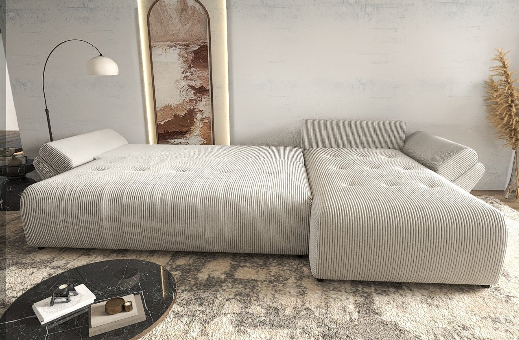 Colțar extensibil dumonde cu ladă de depozitare si sezut confortabil din spuma HR, Berlin XL Zoom Crem 350x185 cm II