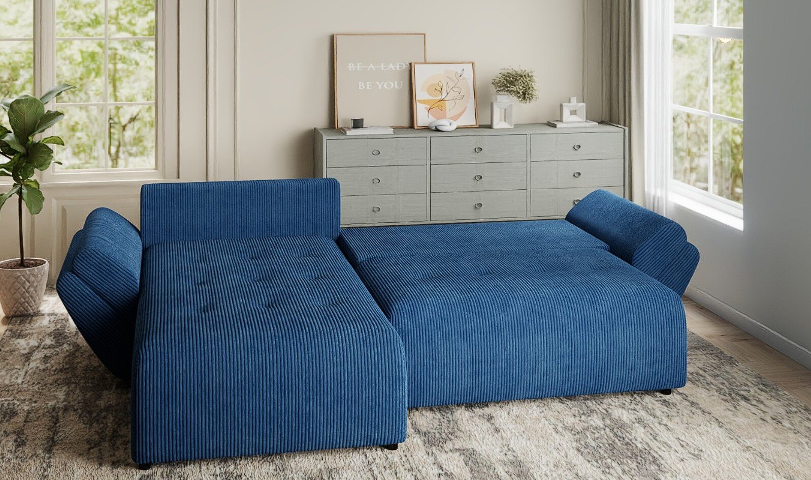 Colțar extensibil dumonde cu ladă de depozitare si sezut confortabil din spuma HR, Berlin Zoom Albastru 280x185 cm