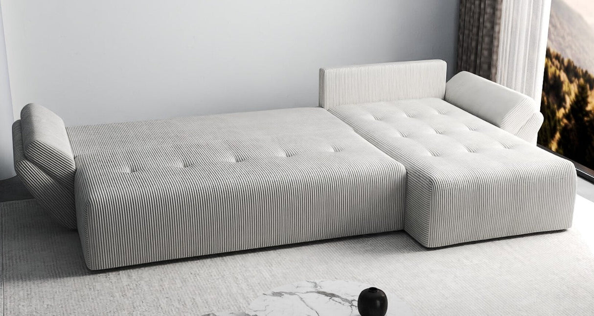 Colțar extensibil dumonde cu ladă de depozitare si sezut confortabil din spuma HR, Berlin XL Zoom Pearl 350x185 cm II Fabrica