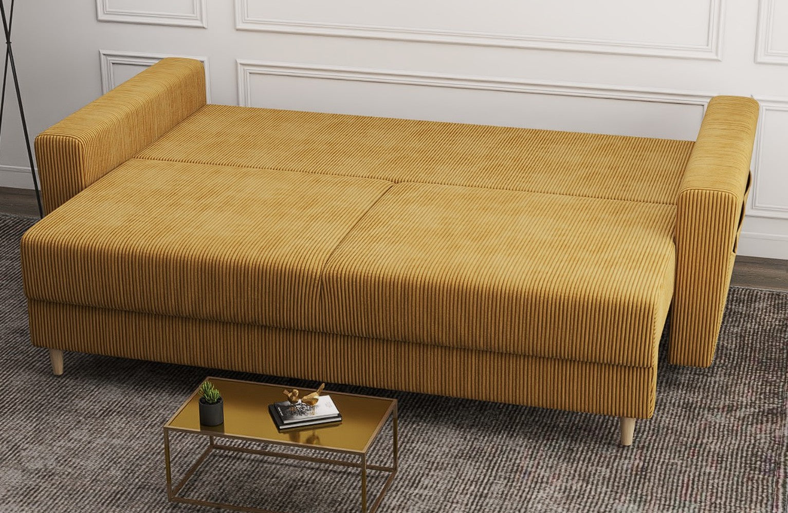 Canapea extensibilă dumonde cu ladă de depozitare si sezut confortabil din spuma HR, Summer Zoom Mustar 225x100 cm