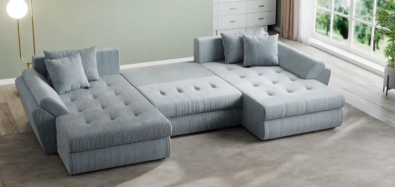 Colțar extensibil dumonde cu ladă de depozitare si sezut confortabil din spuma HR, Loana U Zoom Grey 355x185 cm Fabrica