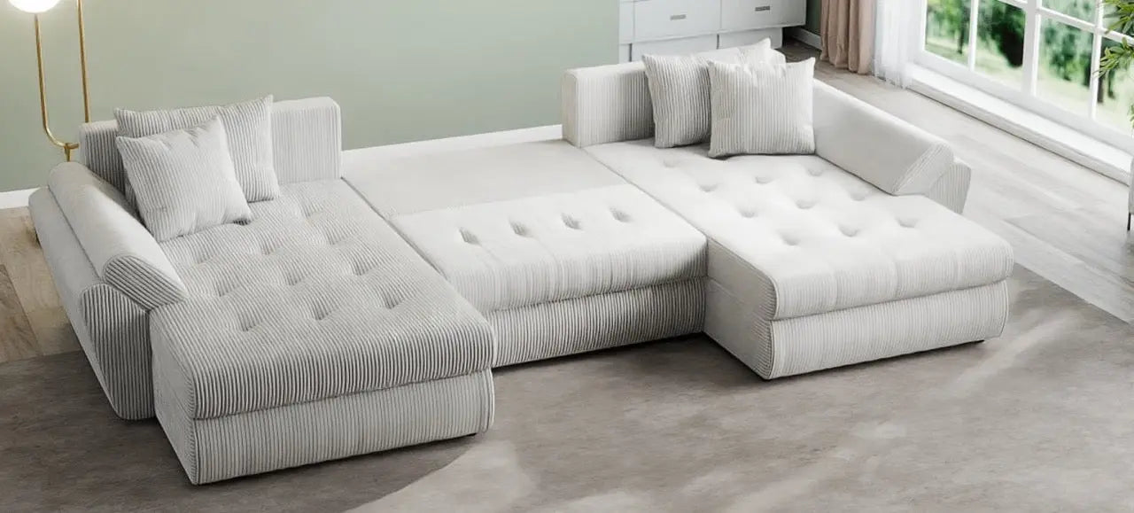 Colțar extensibil dumonde cu ladă de depozitare si sezut confortabil din spuma HR, Loana U Zoom Cream 355x185 cm Fabrica