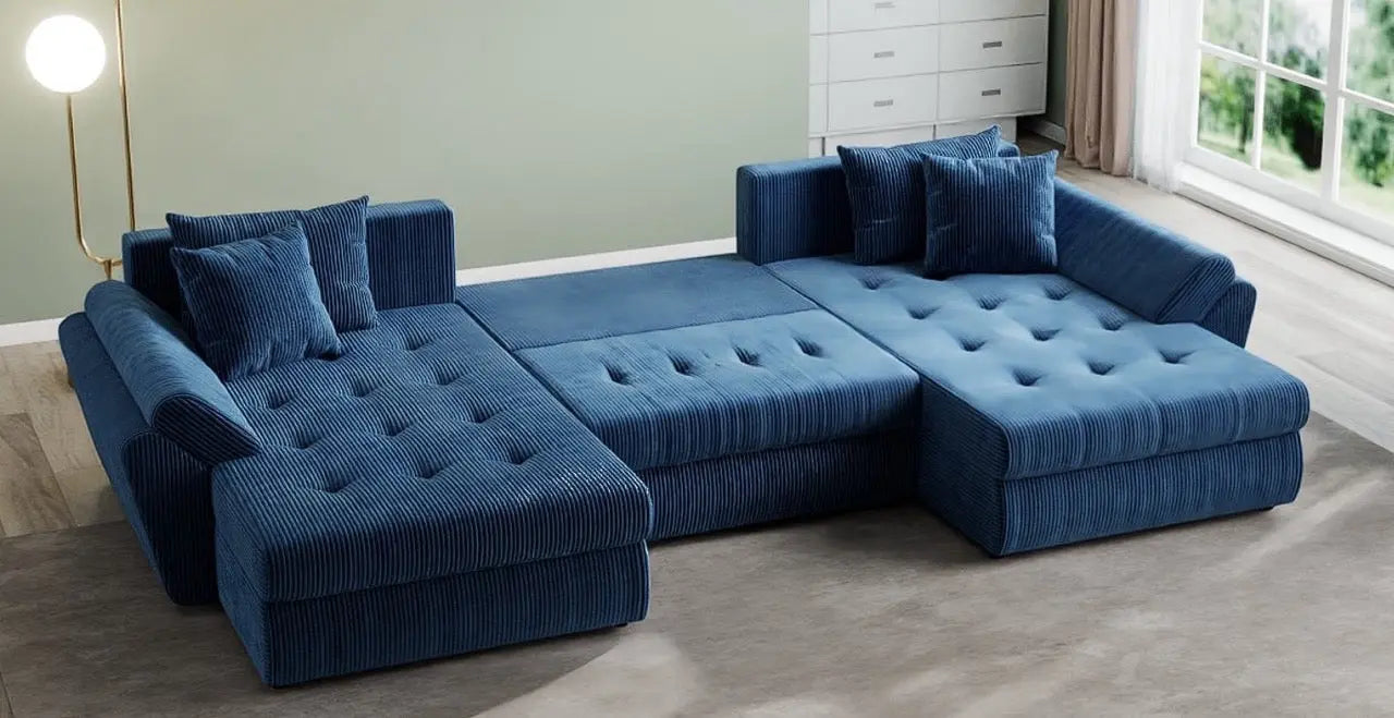 Colțar extensibil dumonde cu ladă de depozitare si sezut confortabil din spuma HR, Loana U Zoom Blue 355x185 cm Fabrica