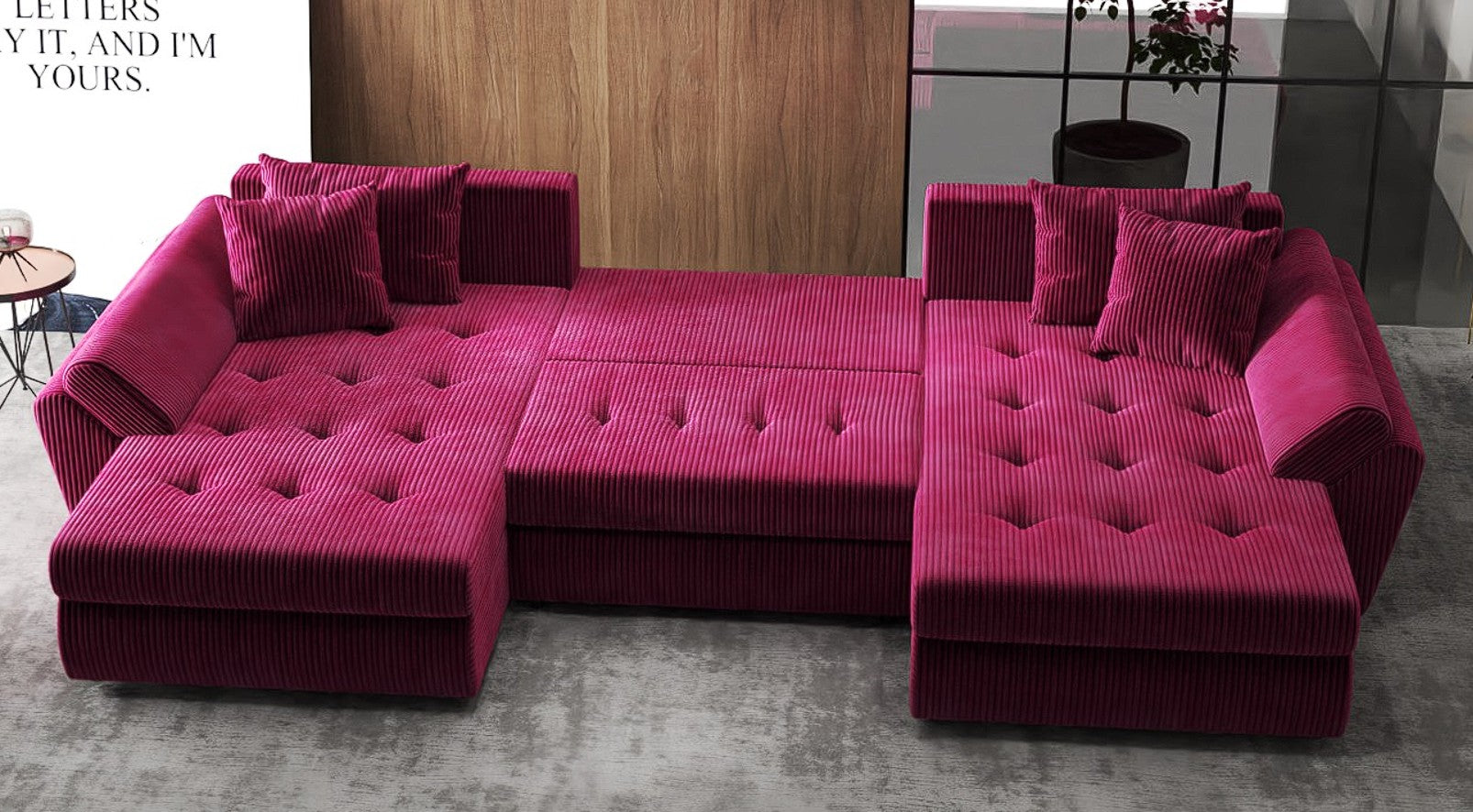 Colțar extensibil dumonde cu ladă de depozitare si sezut confortabil din spuma HR, Berlin U Zoom Bordeaux 380x180 cm Fabrica