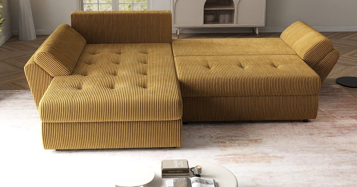 Colțar extensibil dumonde cu ladă de depozitare si sezut confortabil din spuma HR, Loana Mustar Zoom 270x185 cm Fabrica