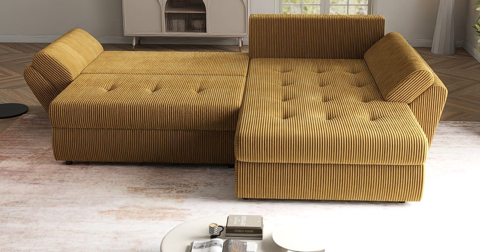 Colțar extensibil dumonde cu ladă de depozitare si sezut confortabil din spuma HR, Loana Zoom Mustar II 270x185 cm Fabrica