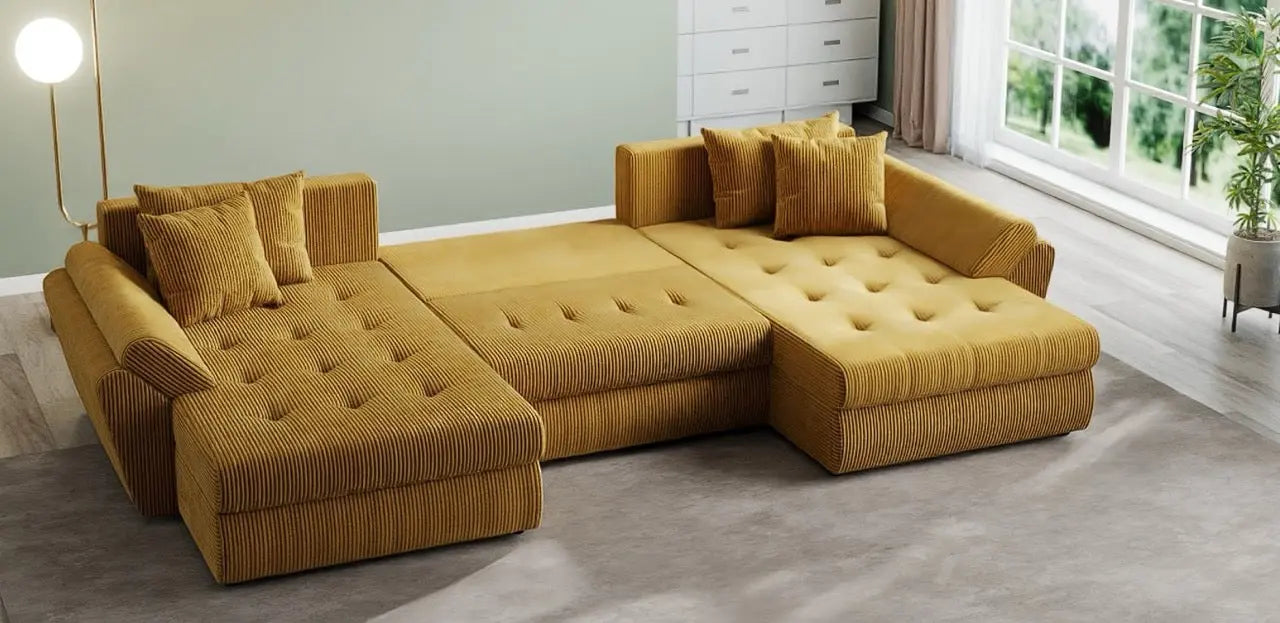 Colțar extensibil dumonde cu ladă de depozitare si sezut confortabil din spuma HR, Loana U Zoom Mustar 355x185 cm Fabrica