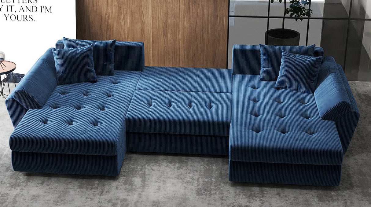 Colțar extensibil dumonde cu ladă de depozitare si sezut confortabil din spuma HR, Berlin U Zoom Bluemarin 380x180 cm Fabrica