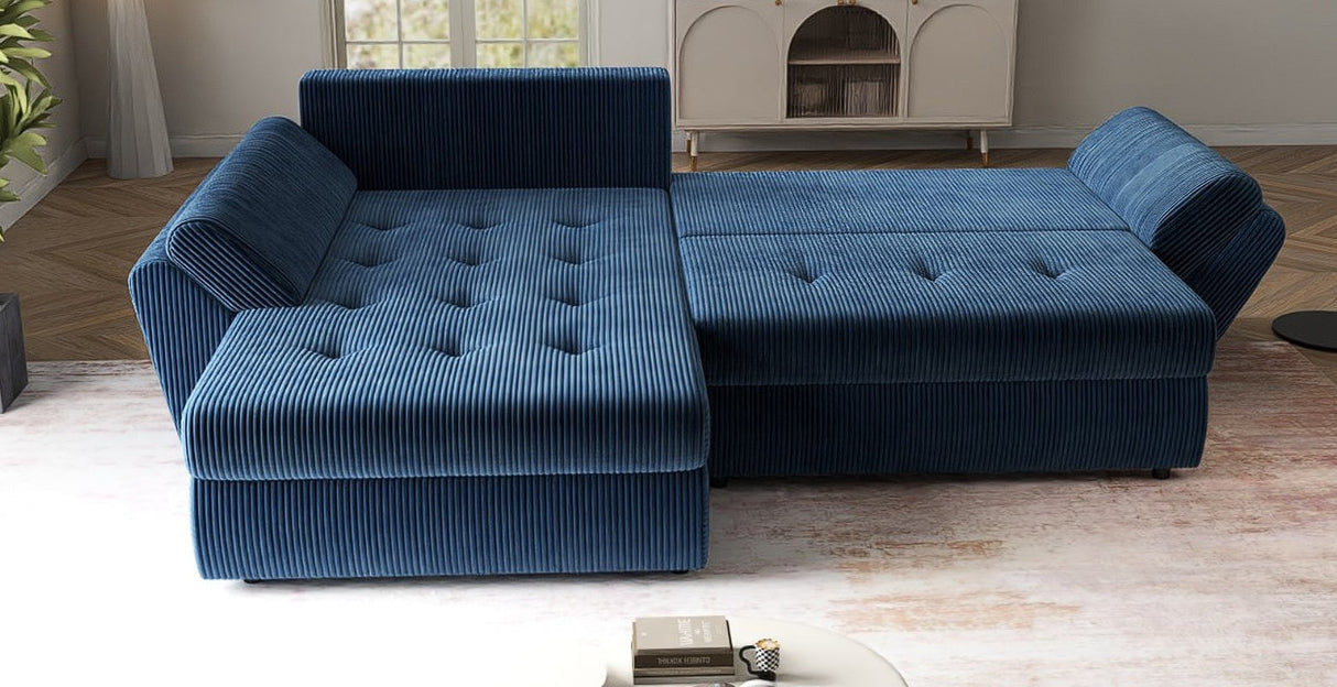 Colțar extensibil dumonde cu ladă de depozitare si sezut confortabil din spuma HR, Loana Bleumarin Zoom 270x185 cm Fabrica
