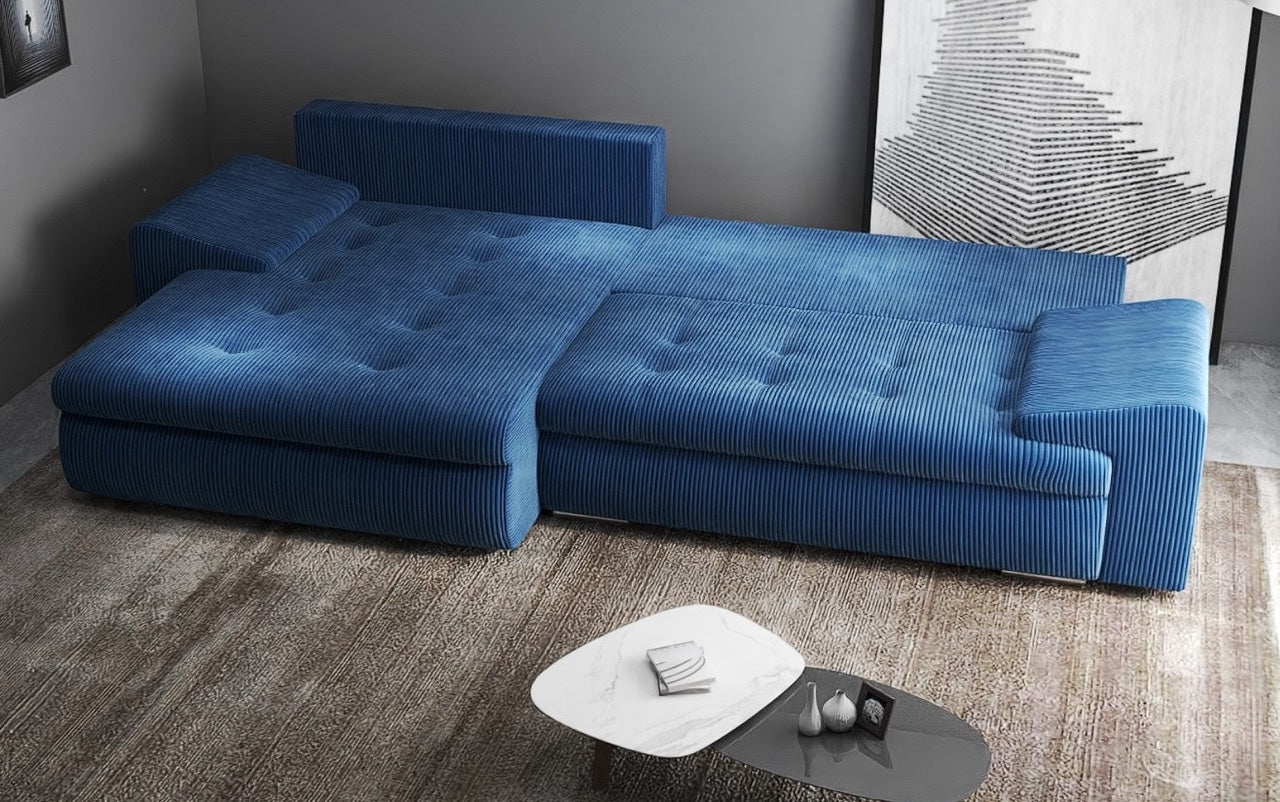 Colțar extensibil dumonde cu ladă de depozitare si sezut confortabil din spuma HR, Leonardo Zoom Albastru 255x193 cm Fabrica