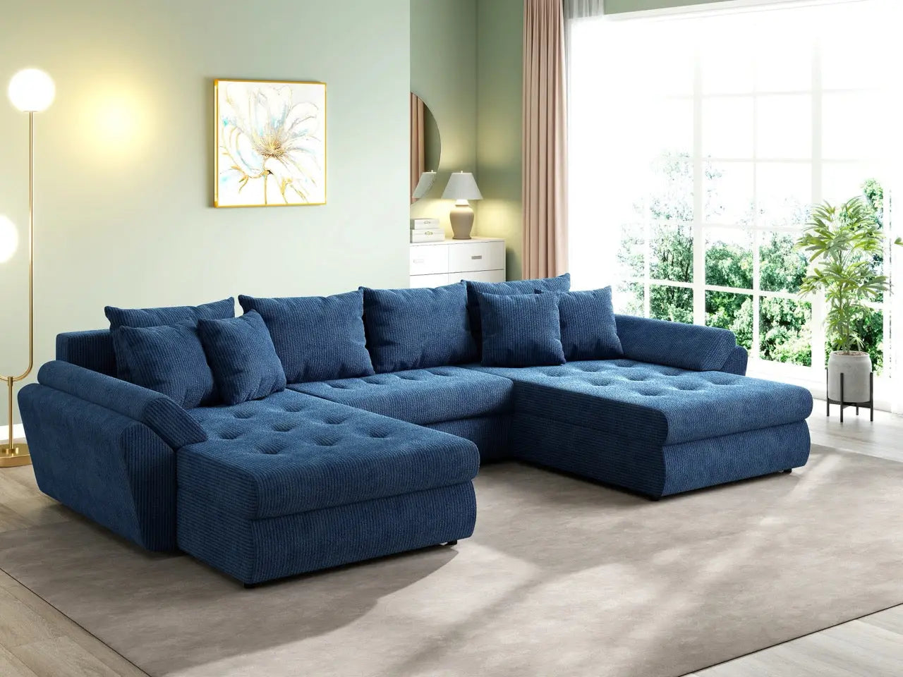 Colțar extensibil dumonde cu ladă de depozitare si sezut confortabil din spuma HR, Loana U Zoom Blue 355x185 cm Fabrica