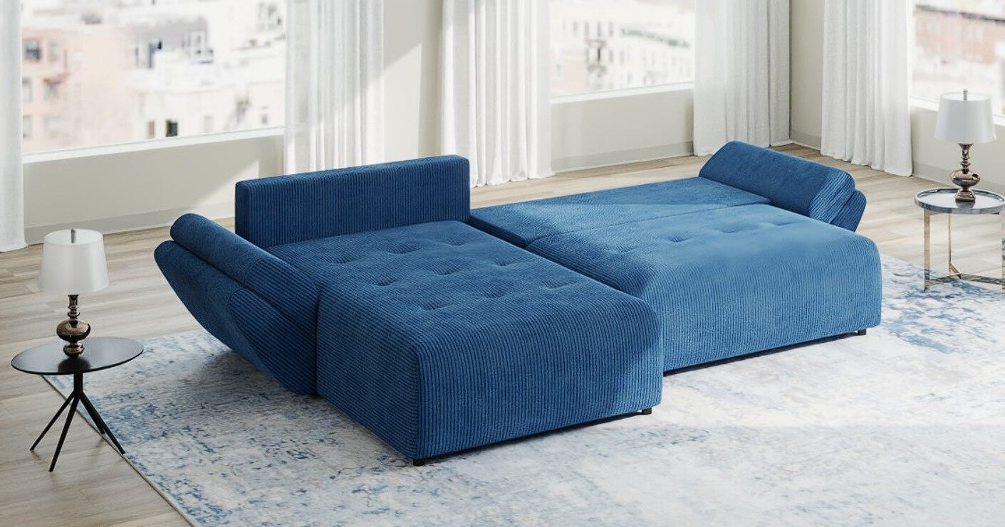 Colțar extensibil dumonde cu ladă de depozitare si sezut confortabil din spuma HR, Berlin Zoom Albastru 280x185 cm II