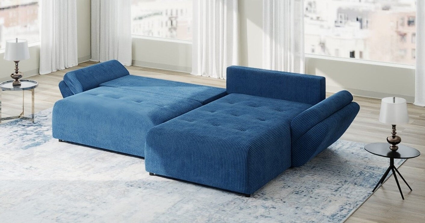 Colțar extensibil dumonde cu ladă de depozitare si sezut confortabil din spuma HR, Berlin Zoom Albastru 280x185 cm