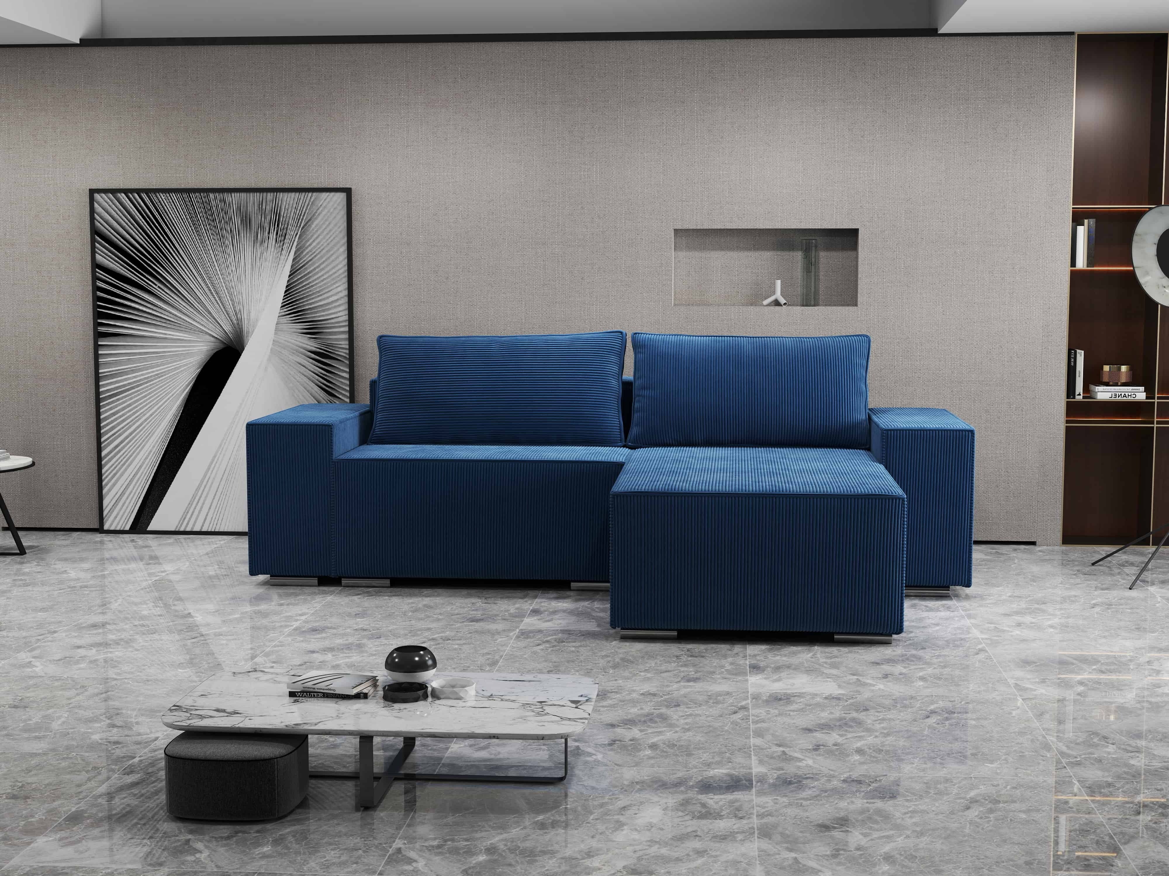 Colțar extensibil dumonde cu ladă de depozitare si sezut confortabil din spuma HR, Dream Zoom Albastru 290x185 cm II Fabrica